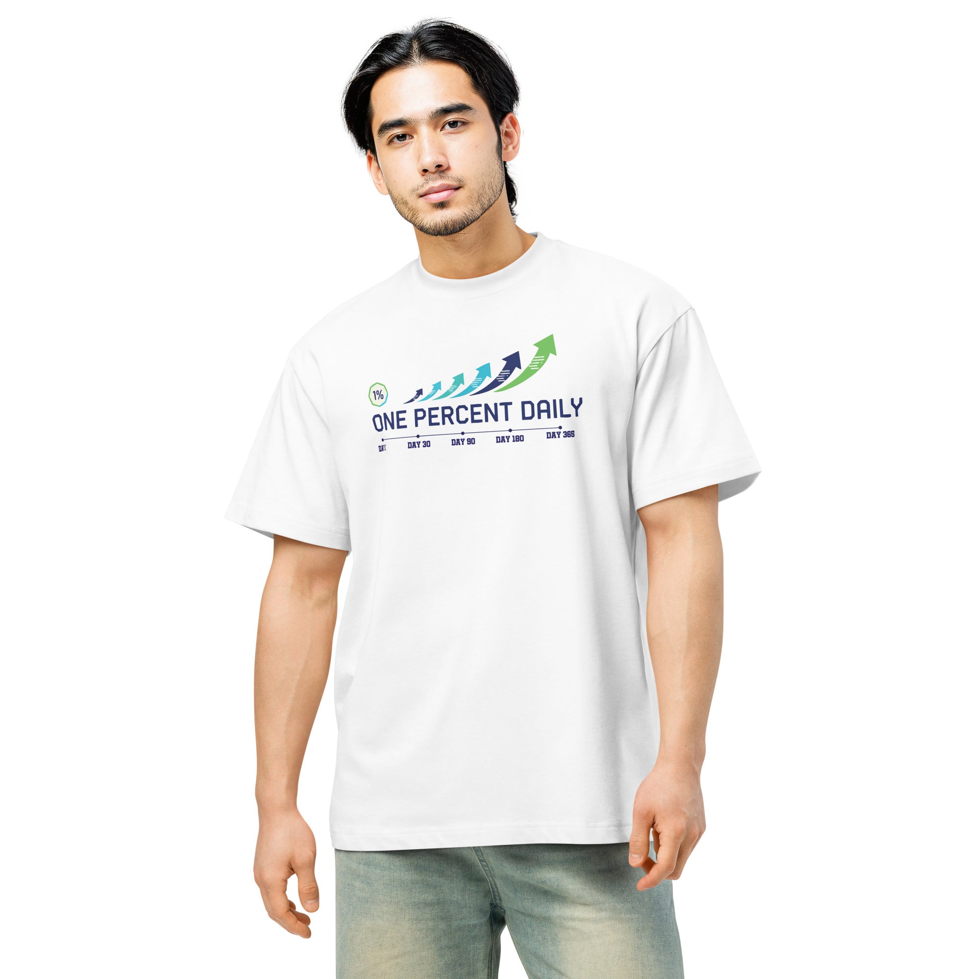 Man wearing a white t-shirt with 'One Percent Daily' logo on a white background