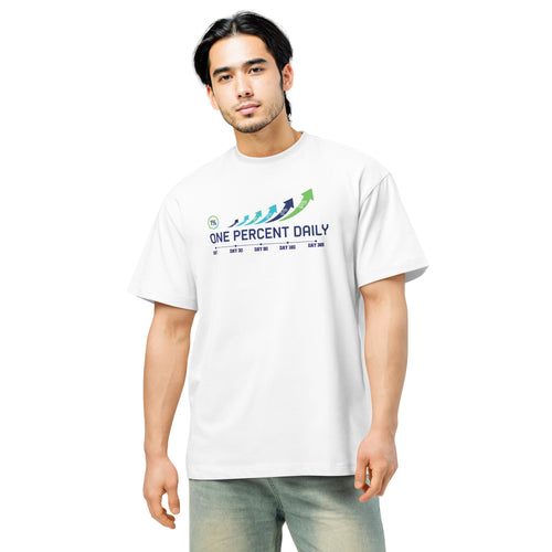 Man wearing a white t-shirt with 'One Percent Daily' logo on a white background