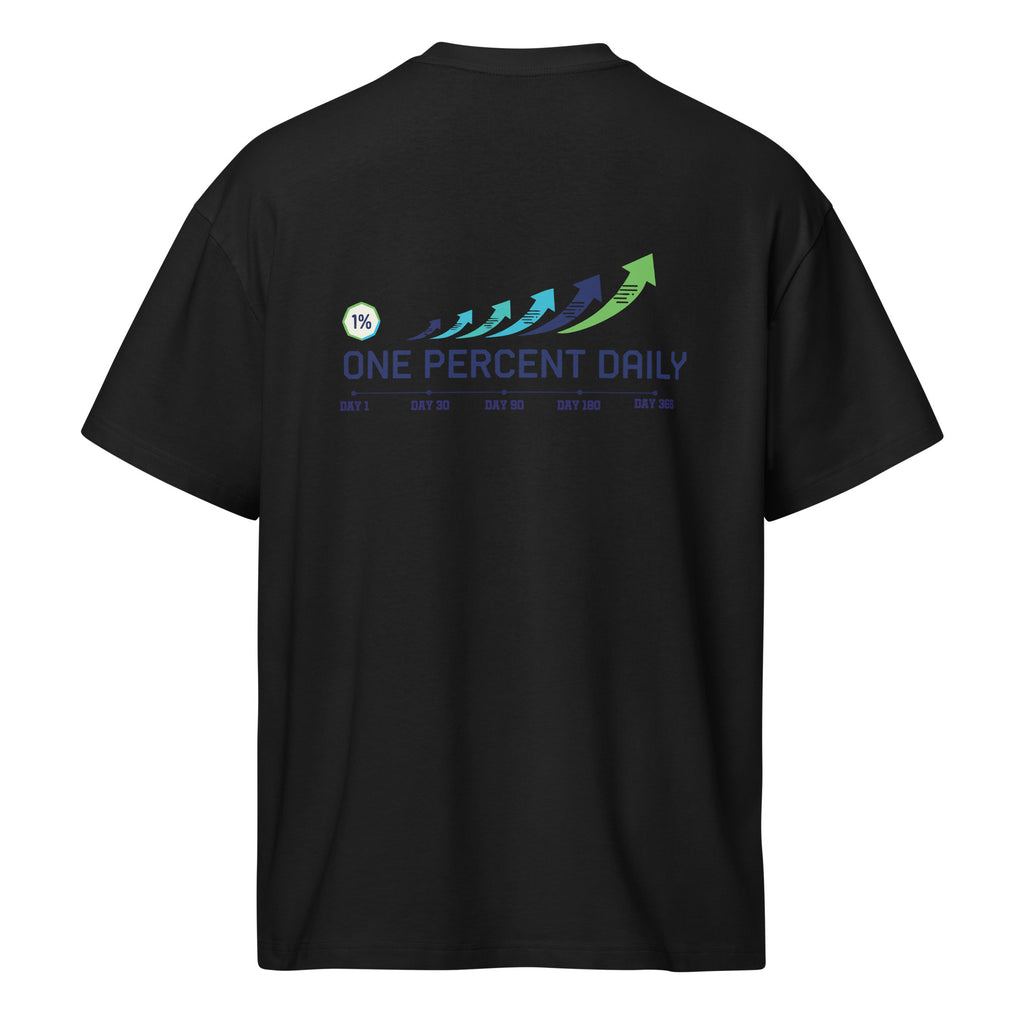 Black t-shirt with 'One Percent Daily' logo on the back against a white background