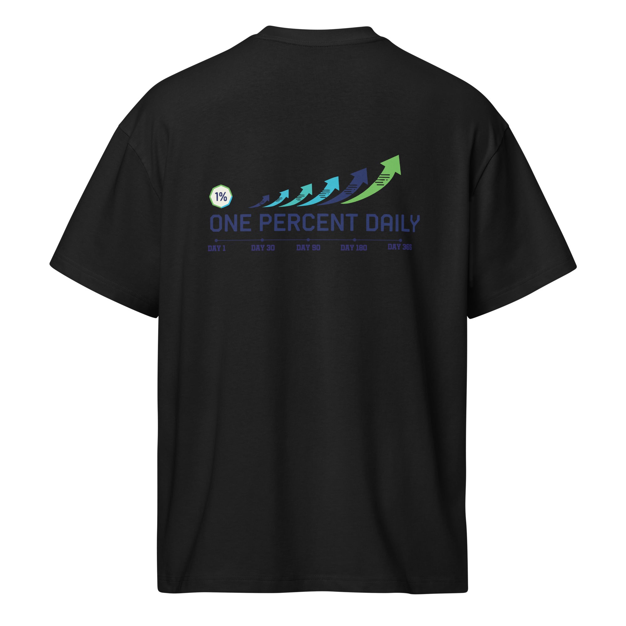 Black t-shirt with 'One Percent Daily' logo on the back against a white background
