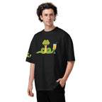 Man wearing a black t-shirt with a snake graphic design on a white background