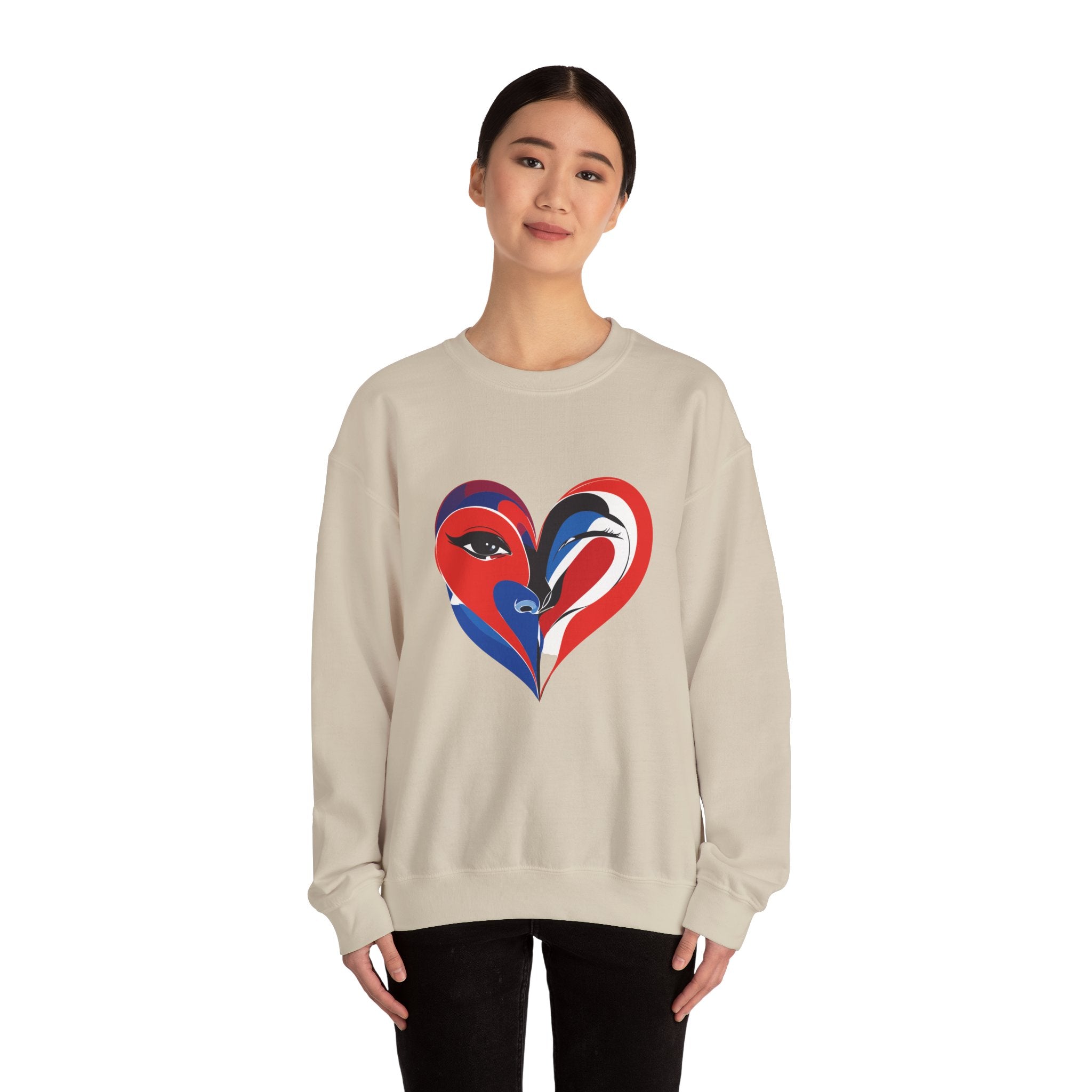 Heart Face Crewneck Sweatshirt Abstract Red & Blue Love Graphic