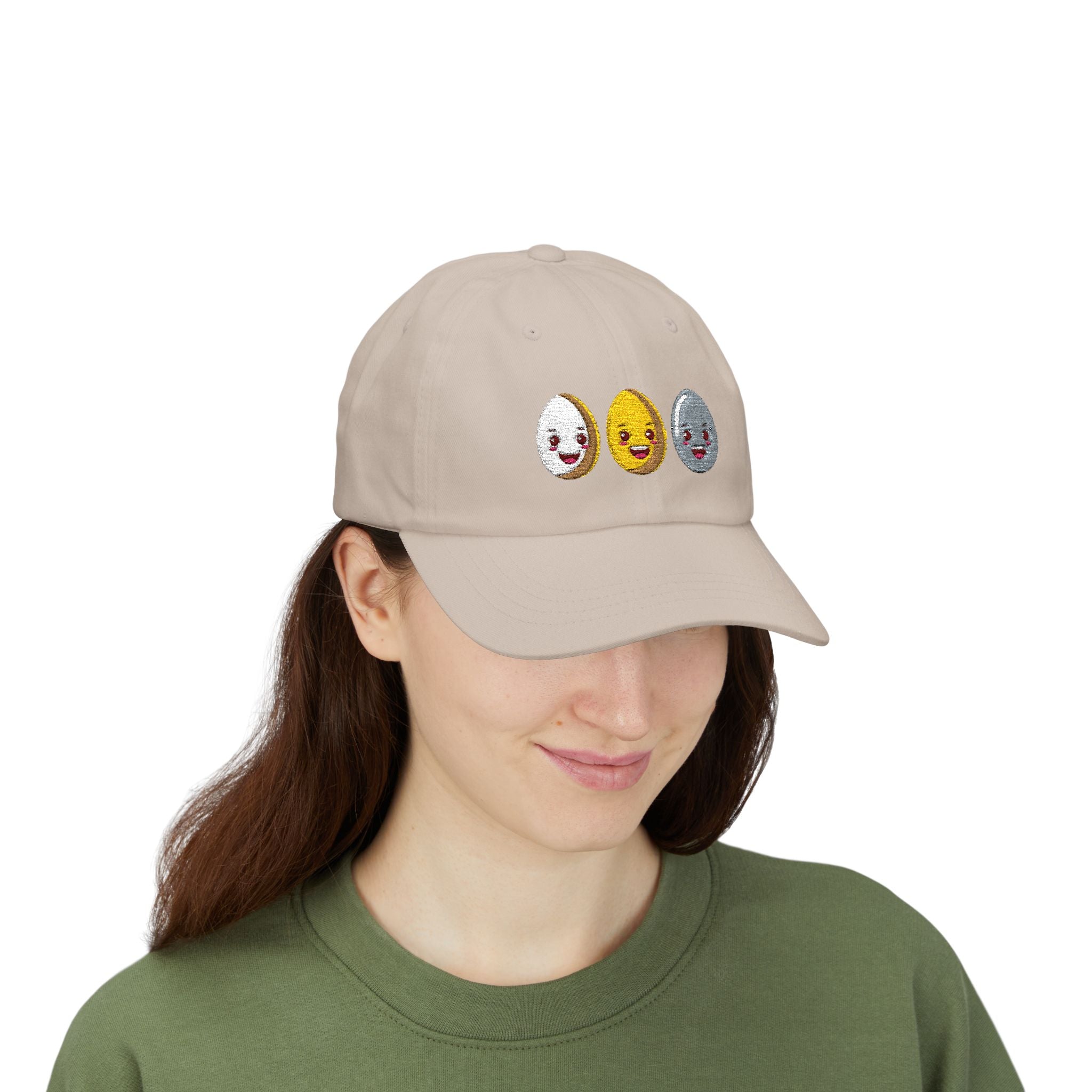 Dad Cap Sequin Egg Trio Embroidered Hat (Cute Breakfast Emoji)