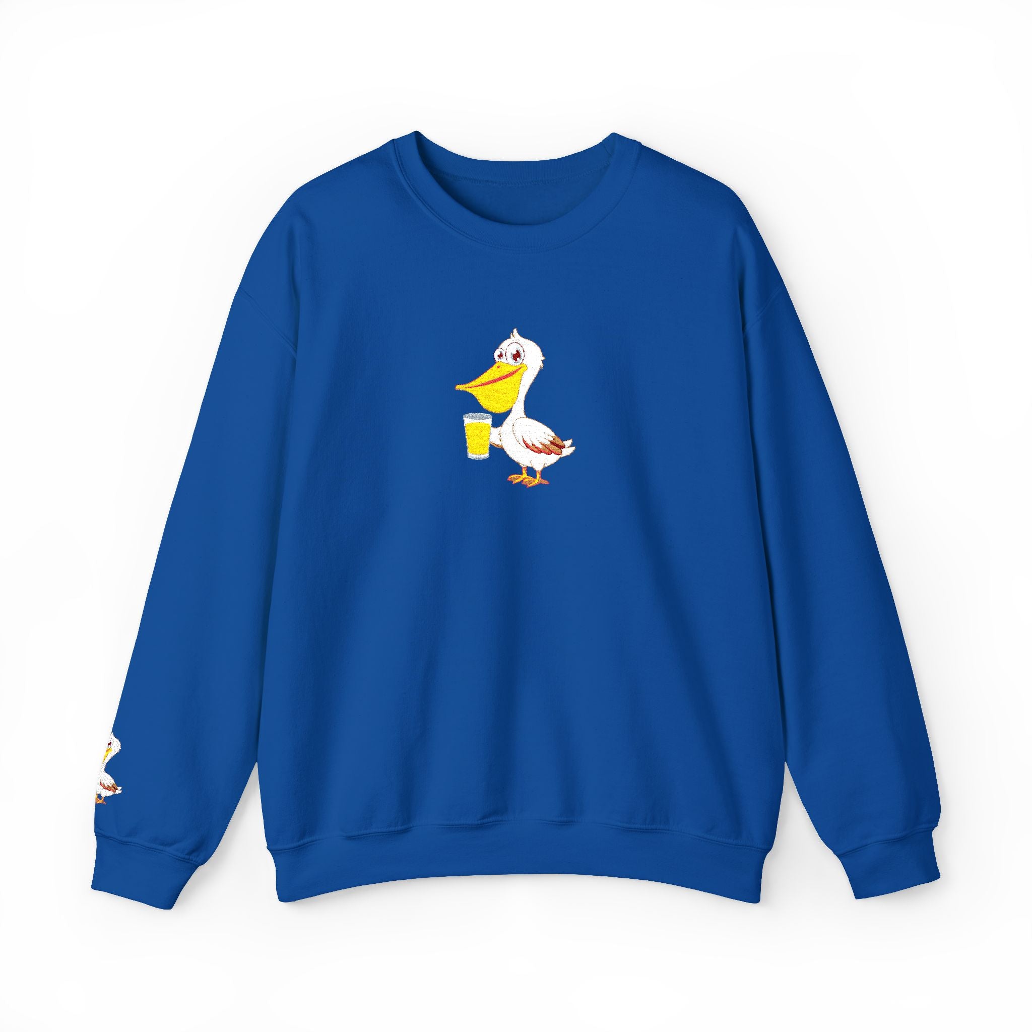 Blue sweatshirt with a cartoon duck design on a white background