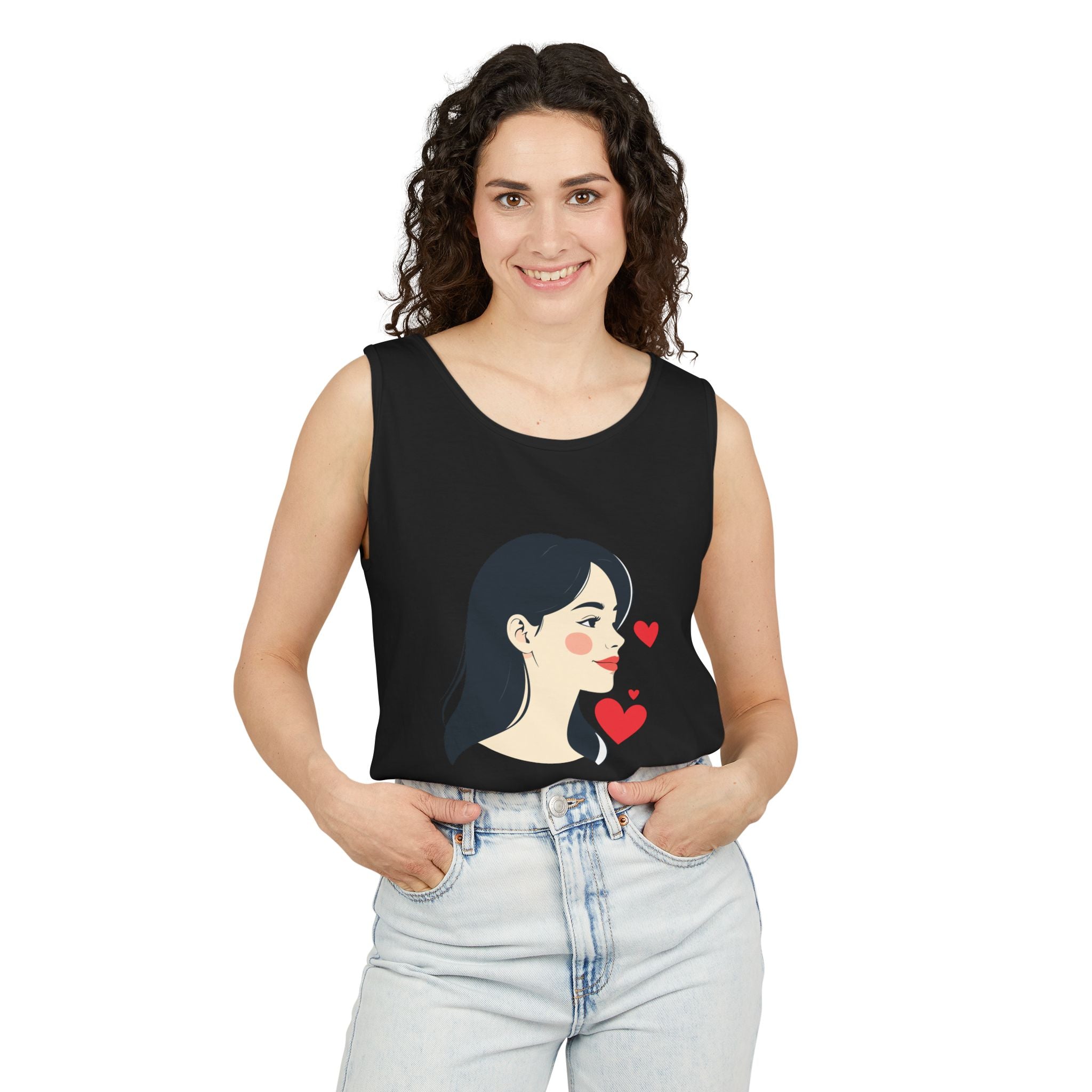 Kawaii Girl Portrait Tank Top Cute Heart Illustration Graphic Tank
