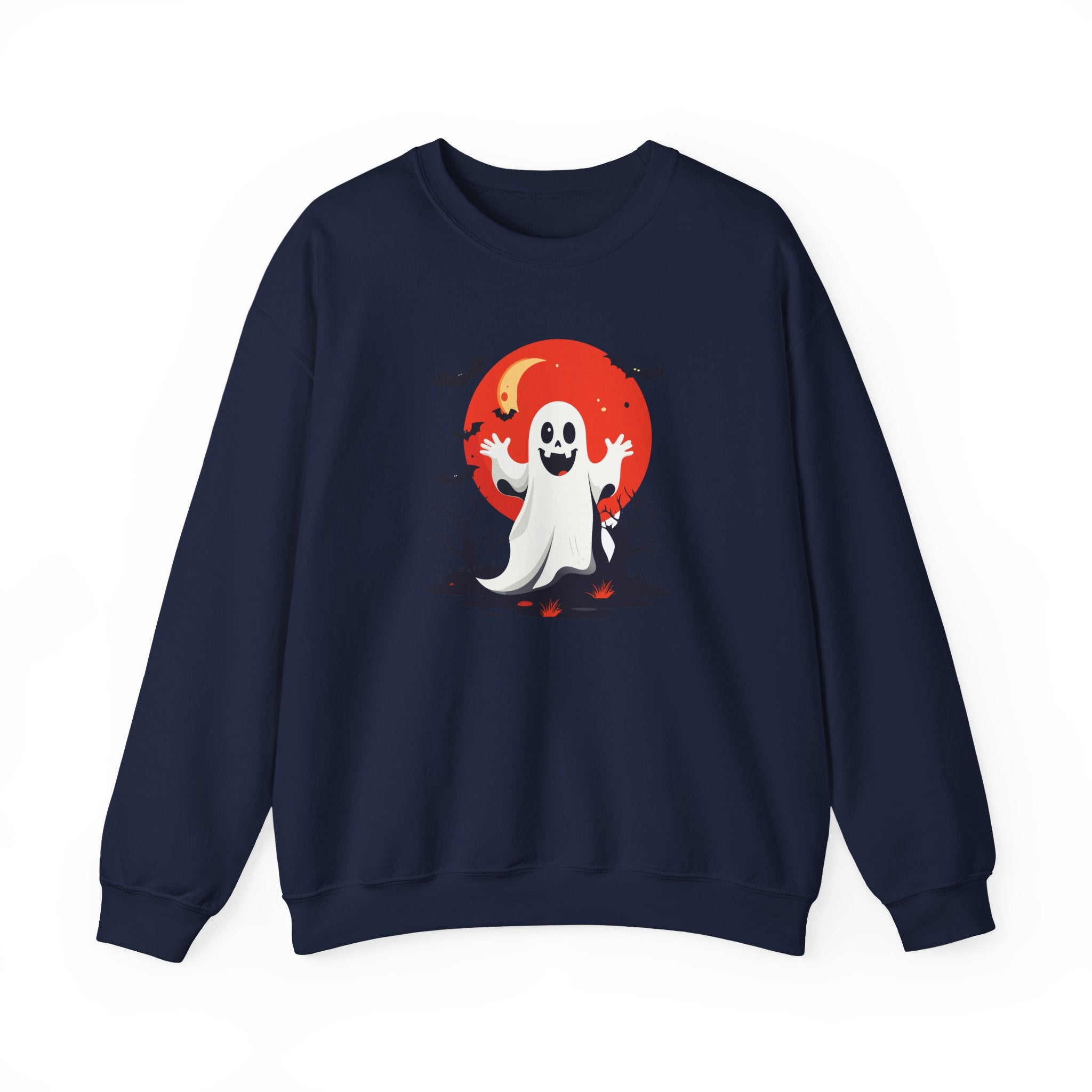 Crewneck Sweatshirt - Cute Ghost & Red Moon Halloween Design
