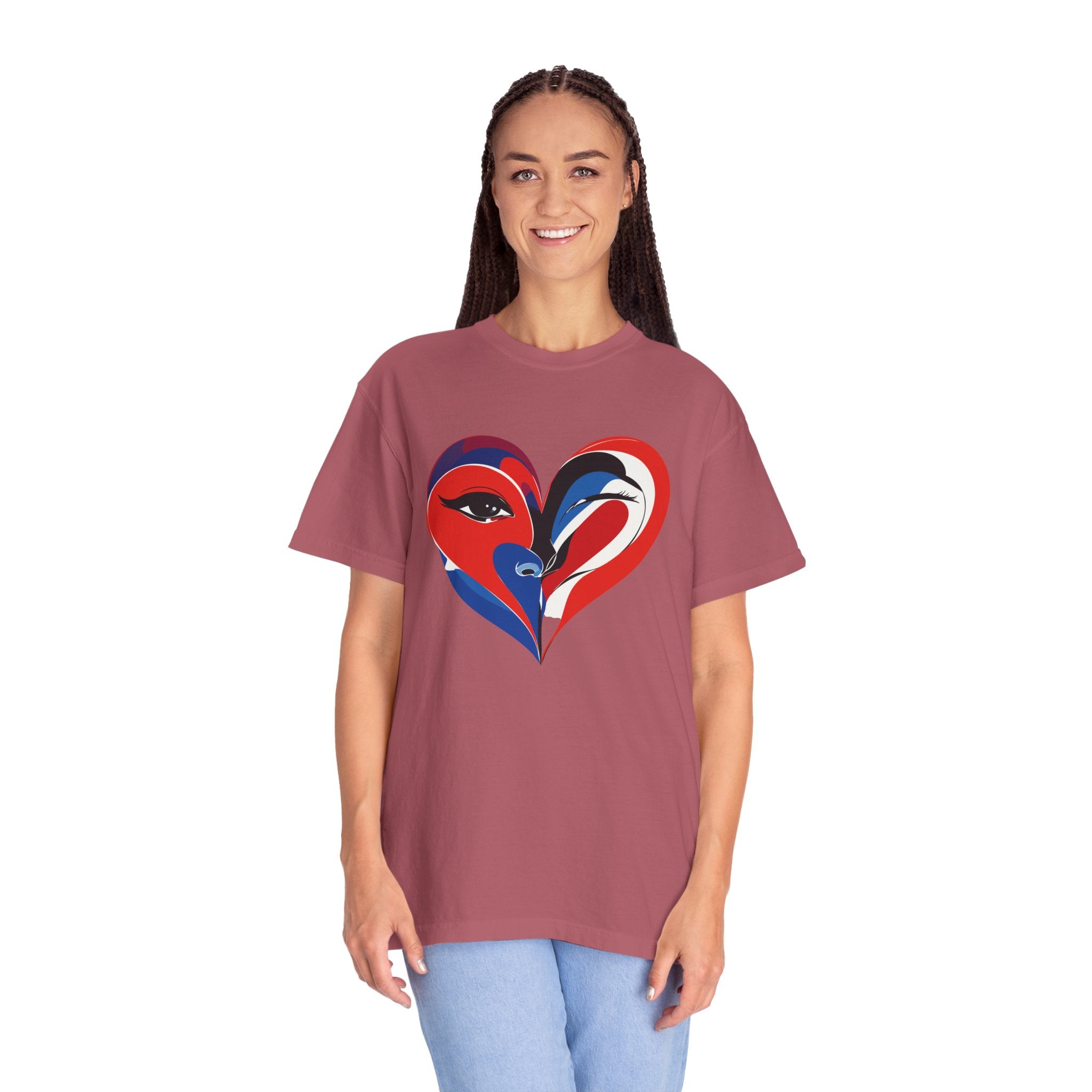 Heart Art Graphic Tee Red & Blue Woman Face Heart Design