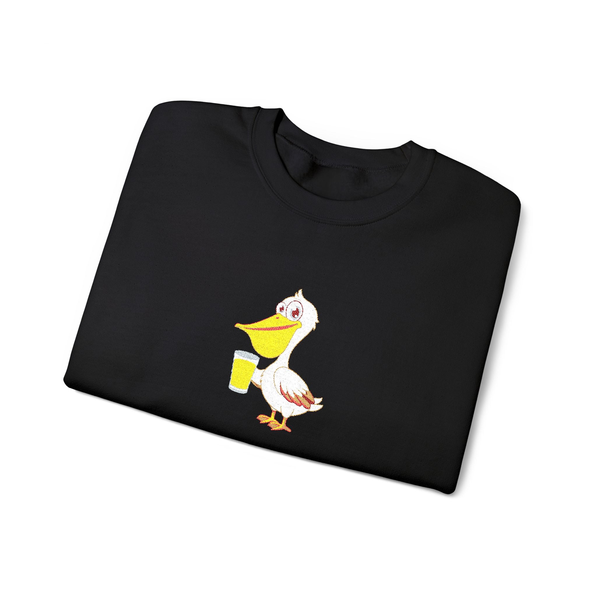 Black sweatshirt with a cartoon pelican design on a white background