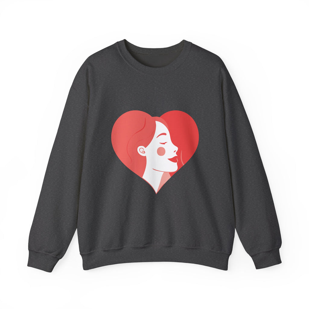 Heart Profile Crewneck Sweatshirt — Minimal Red Heart Portrait Graphic, Women face in Heart