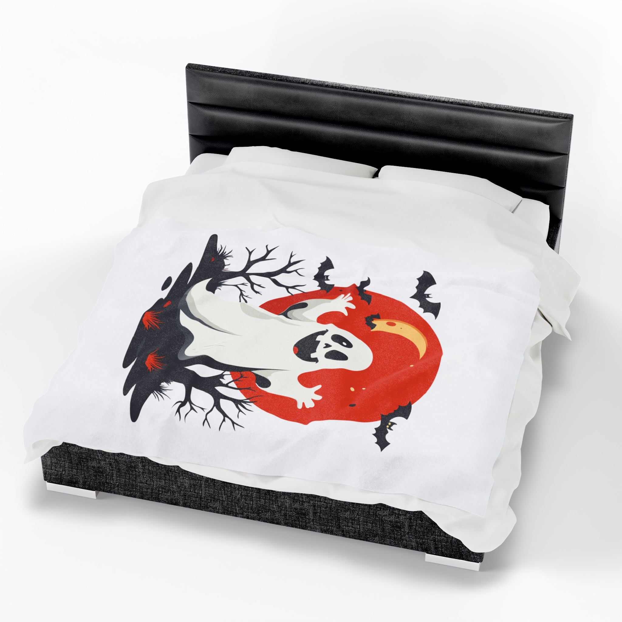 Cute Halloween Ghost Plush Blanket Cozy Velveteen Throw with Bats & Moon