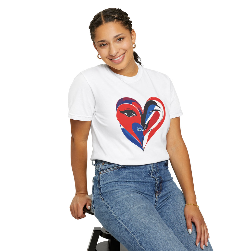 Heart Art Graphic Tee Red & Blue Woman Face Heart Design