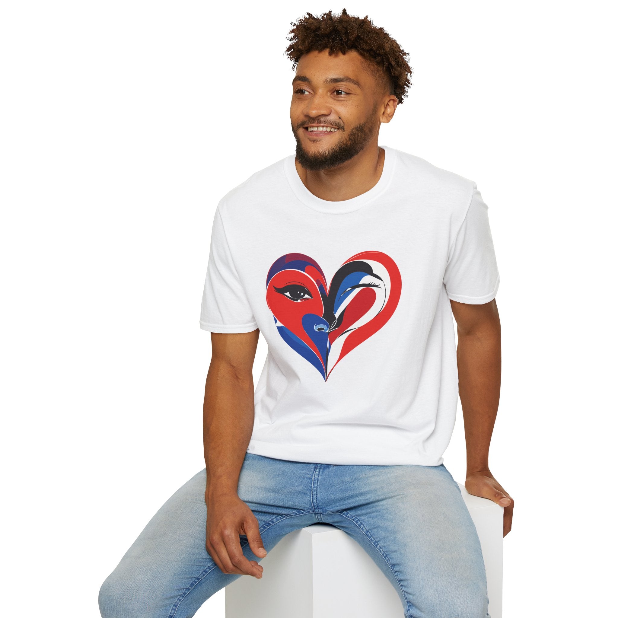 Heart Face Graphic T‑Shirt Red & Blue Abstract Love Design