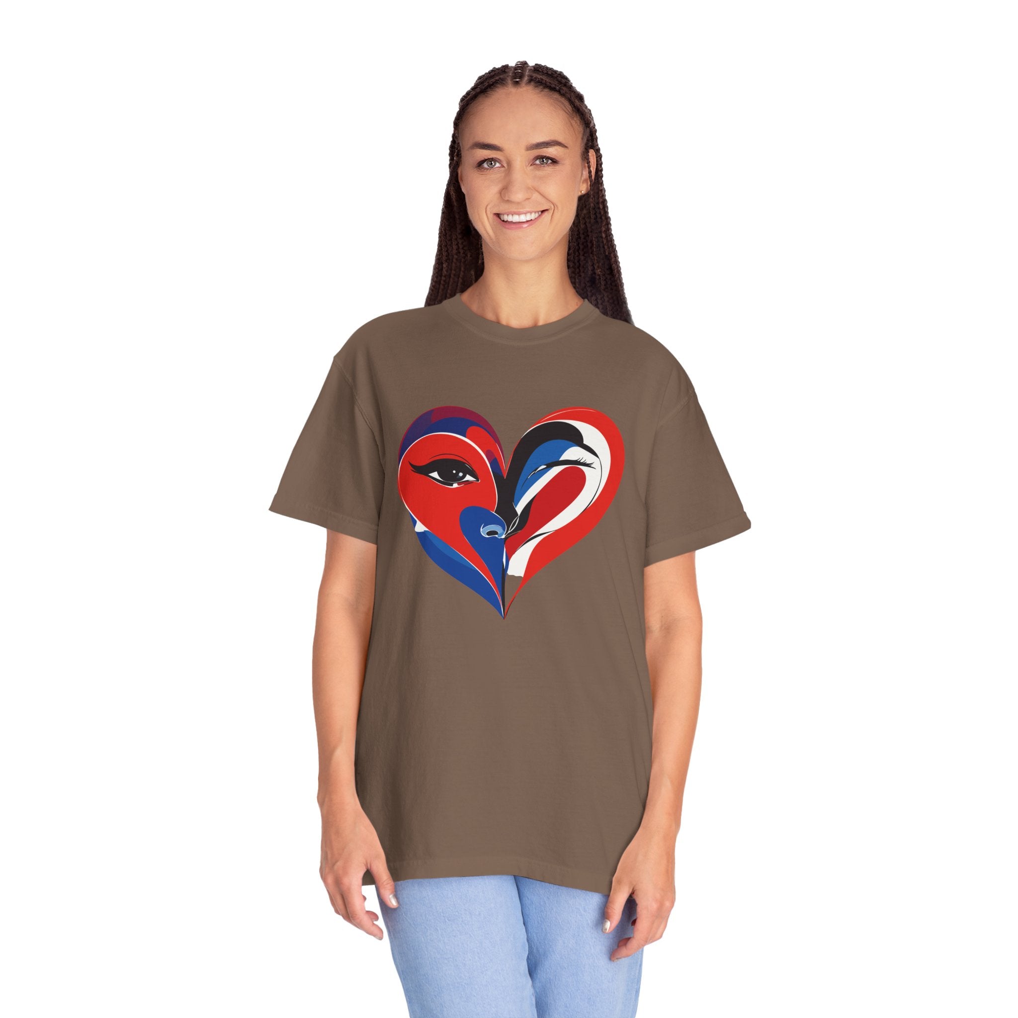 Heart Art Graphic Tee Red & Blue Woman Face Heart Design