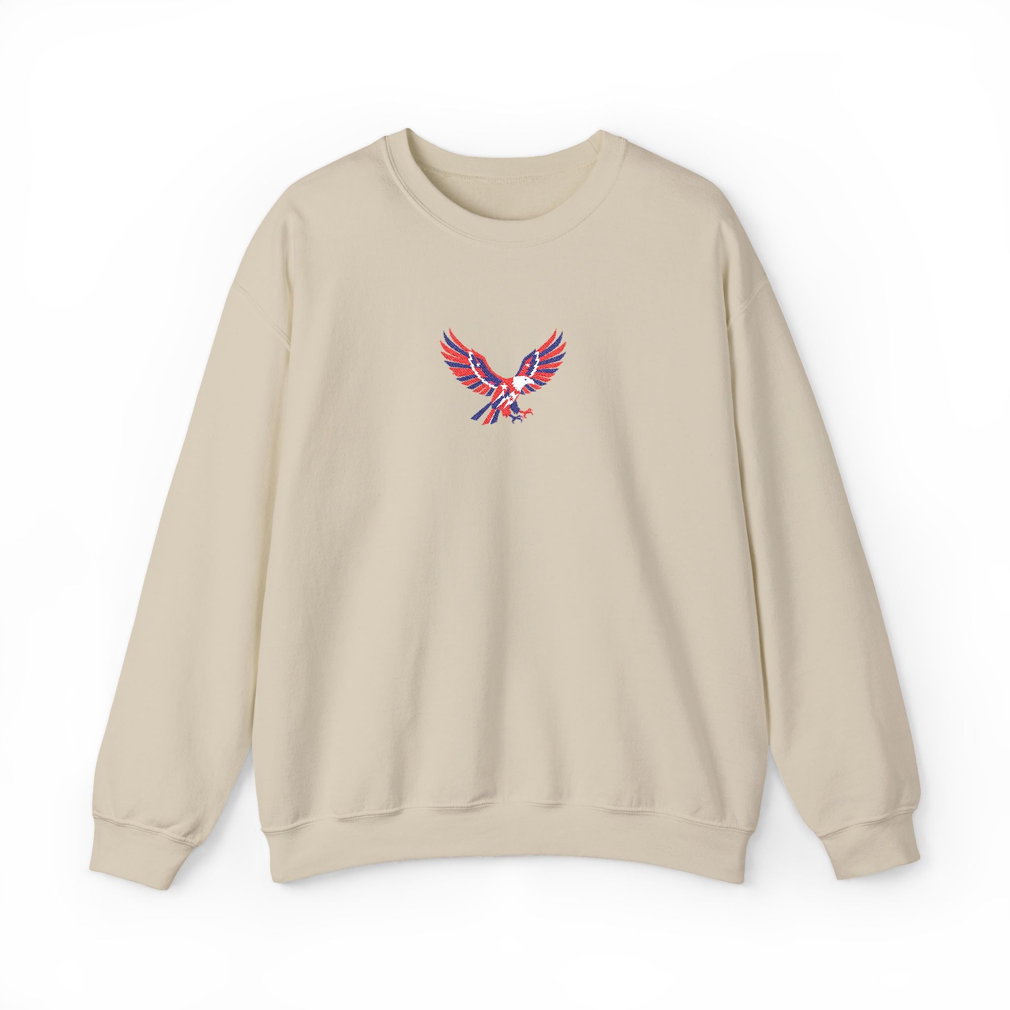 Beige sweatshirt with a colorful eagle design on a white background