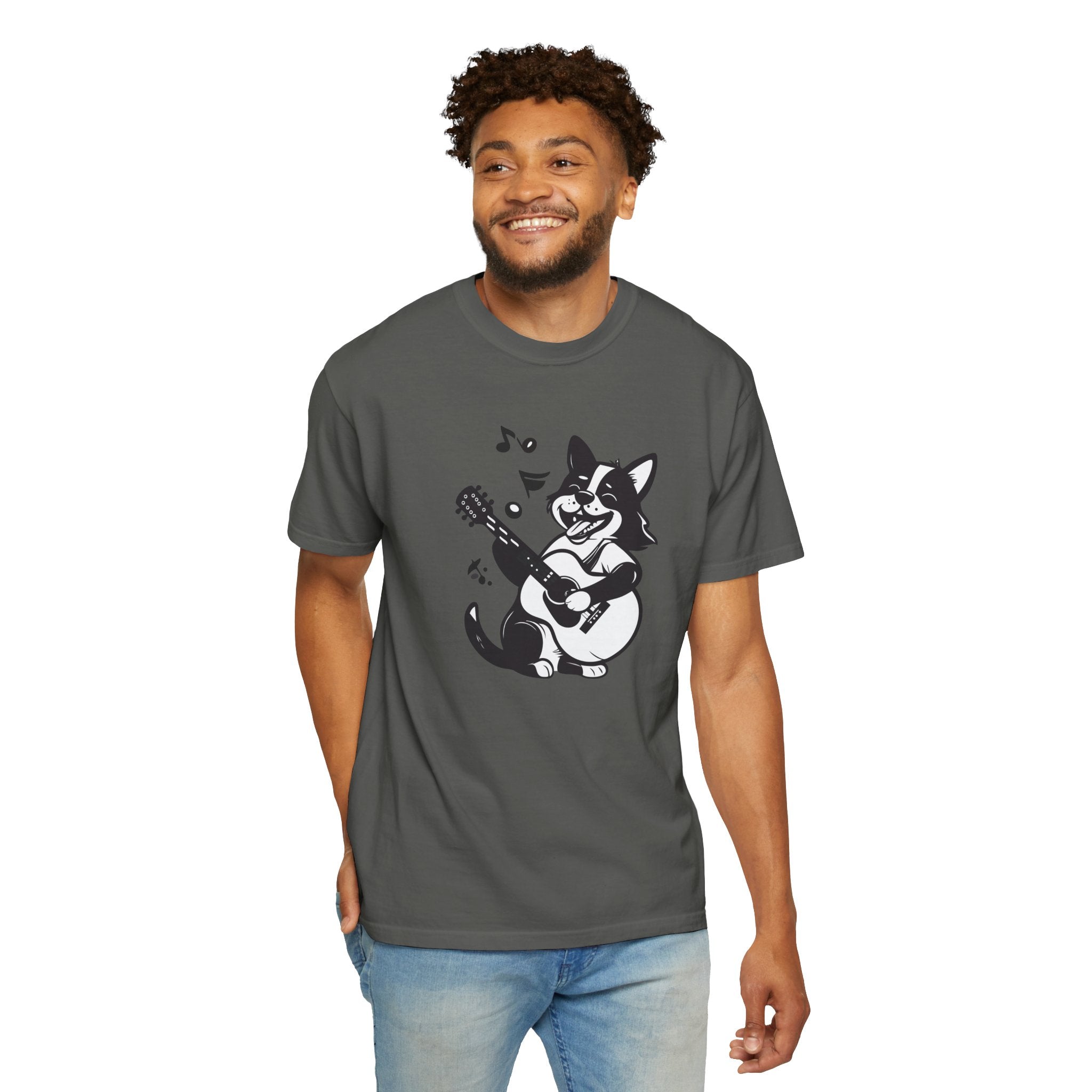 Corgi Playing Guitar T-Shirt  Cute Musical Dog Tee Rockstar Design