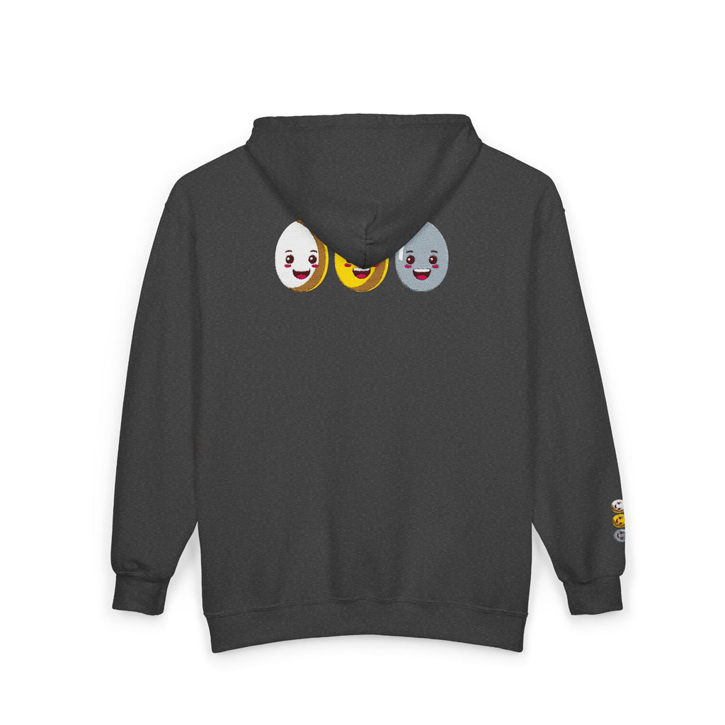 Embroidered Egg Trio Graphic Hoodie Cute Smiling Eggs Zip-Up
