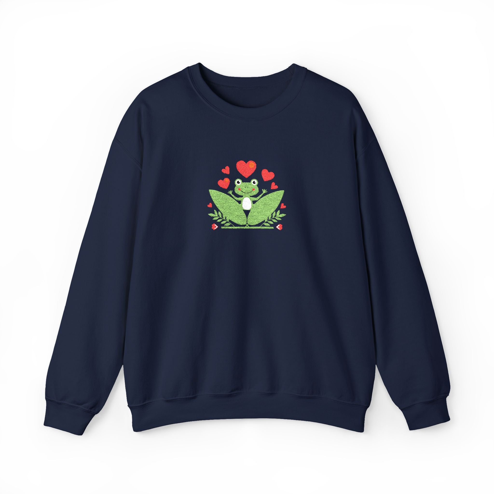 Navy blue sweatshirt with a frog graphic and hearts on a white background
