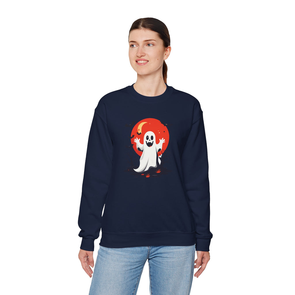 Crewneck Sweatshirt - Cute Ghost & Red Moon Halloween Design
