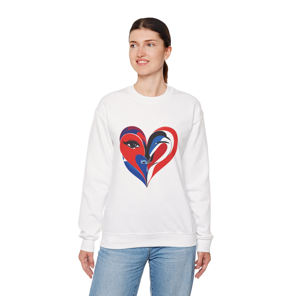 Heart Face Crewneck Sweatshirt Abstract Red & Blue Love Graphic