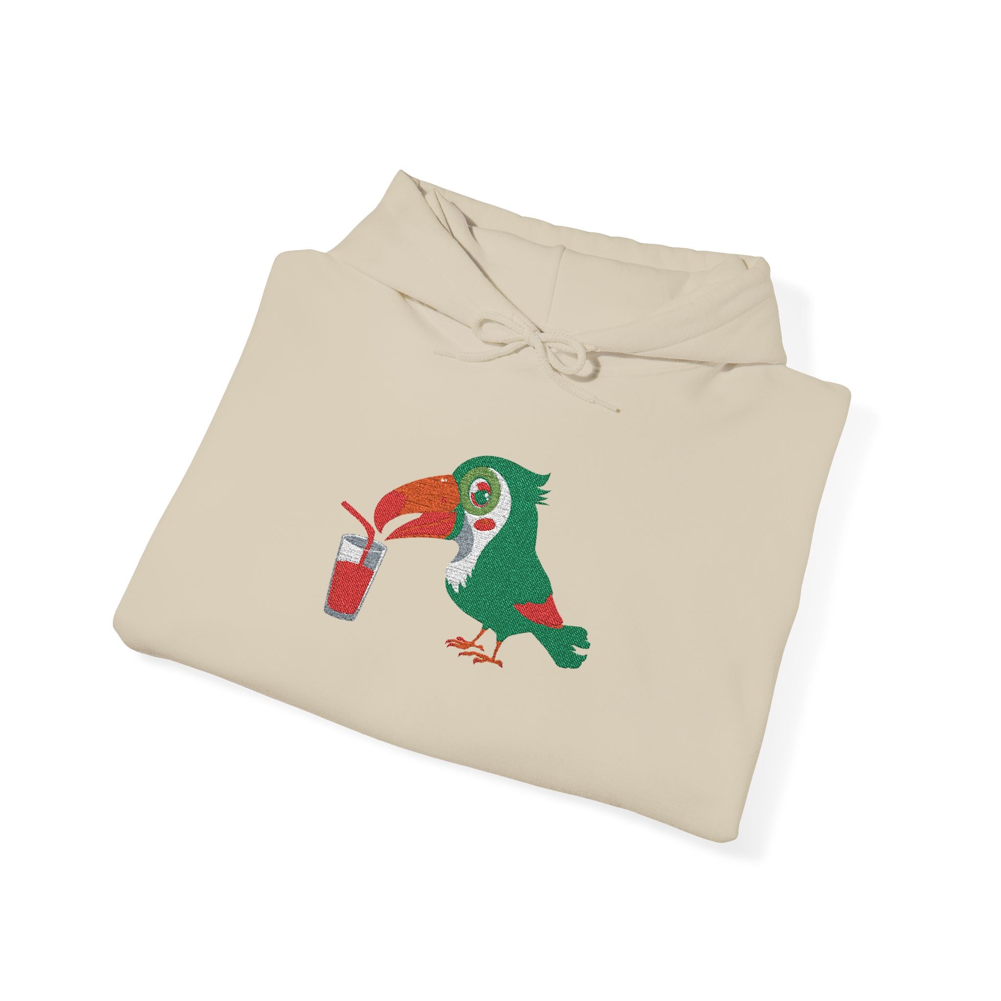 Beige hoodie with a colorful parrot design on a white background