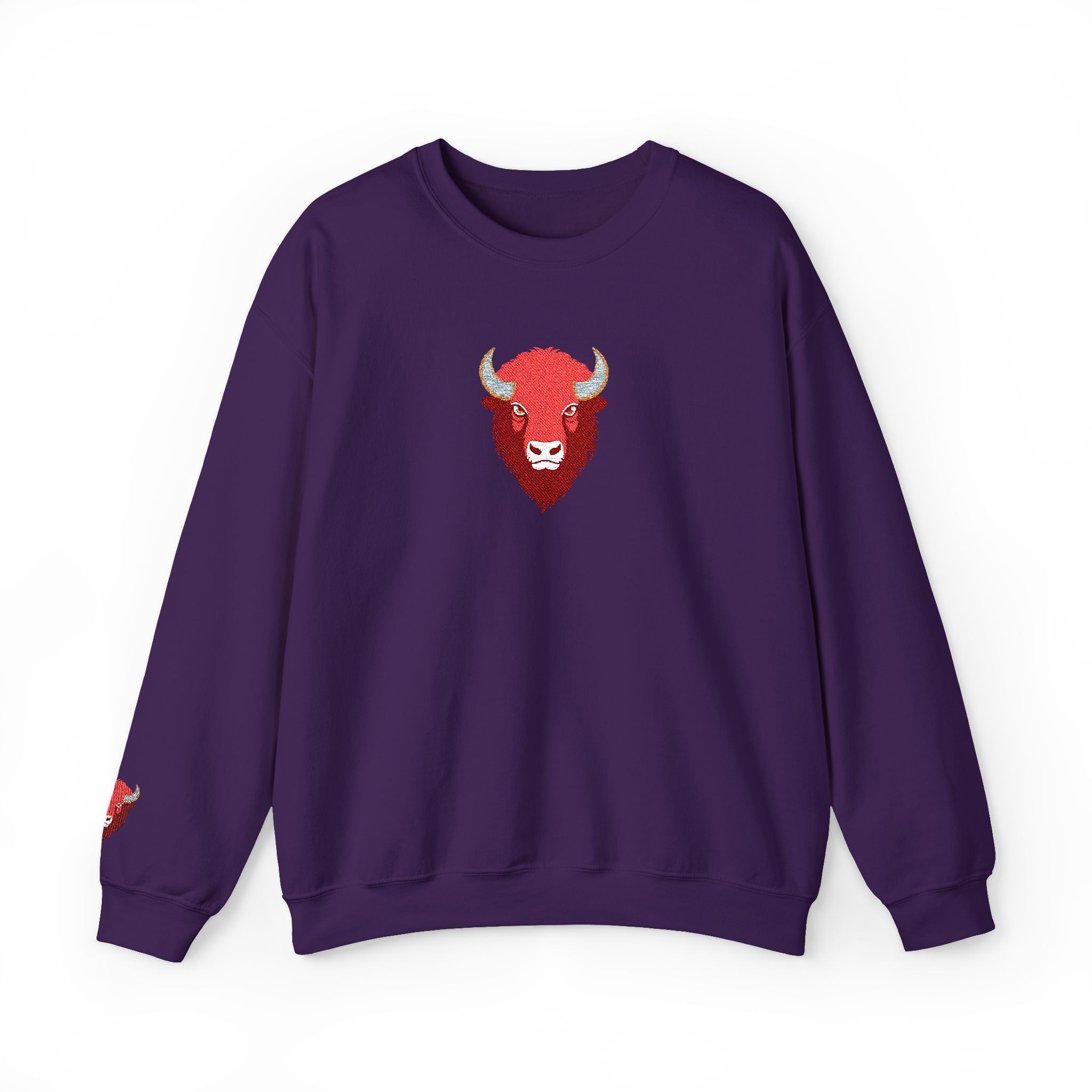 Purple sweatshirt with a red bull logo on a white background