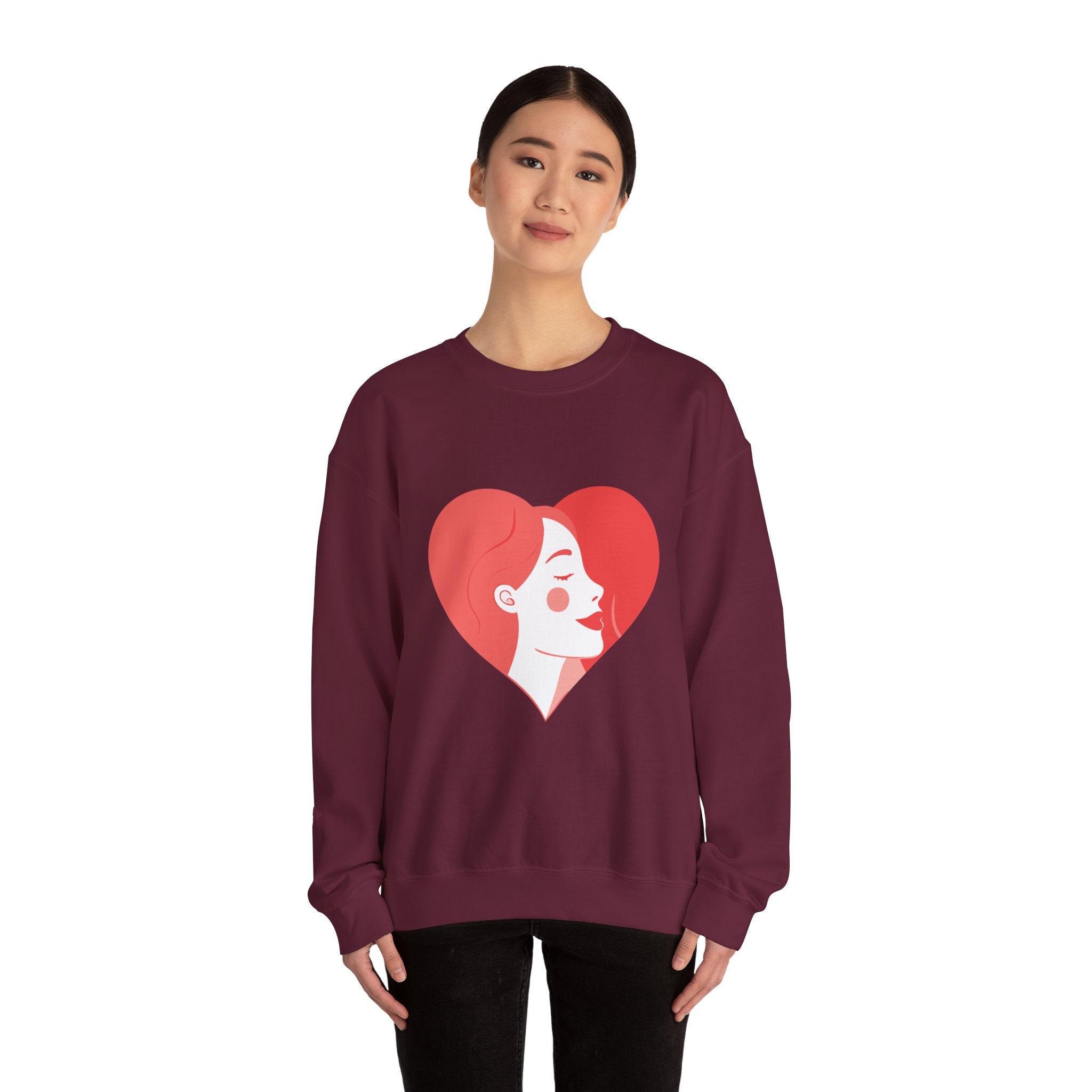 Heart Profile Crewneck Sweatshirt — Minimal Red Heart Portrait Graphic, Women face in Heart