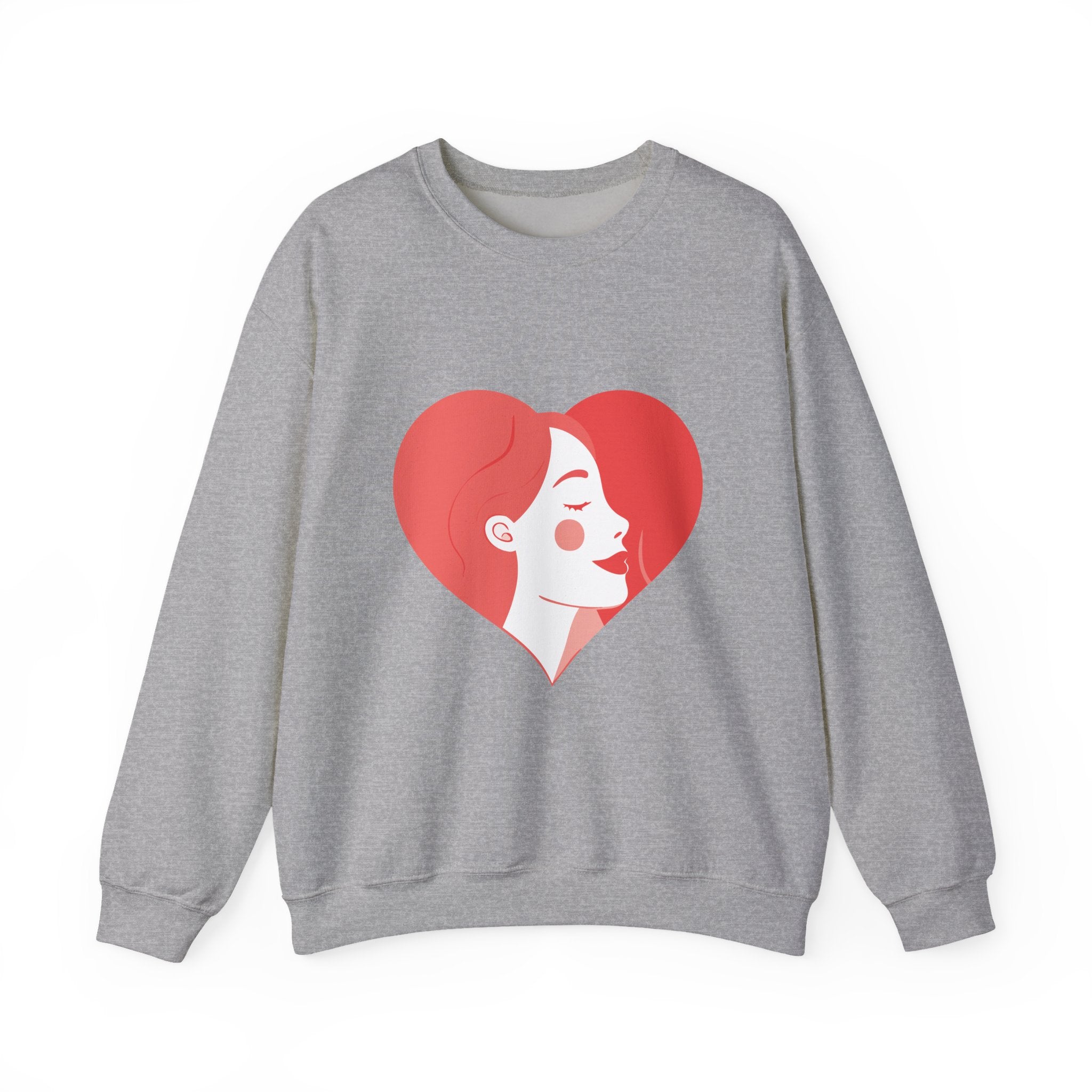 Heart Profile Crewneck Sweatshirt — Minimal Red Heart Portrait Graphic, Women face in Heart