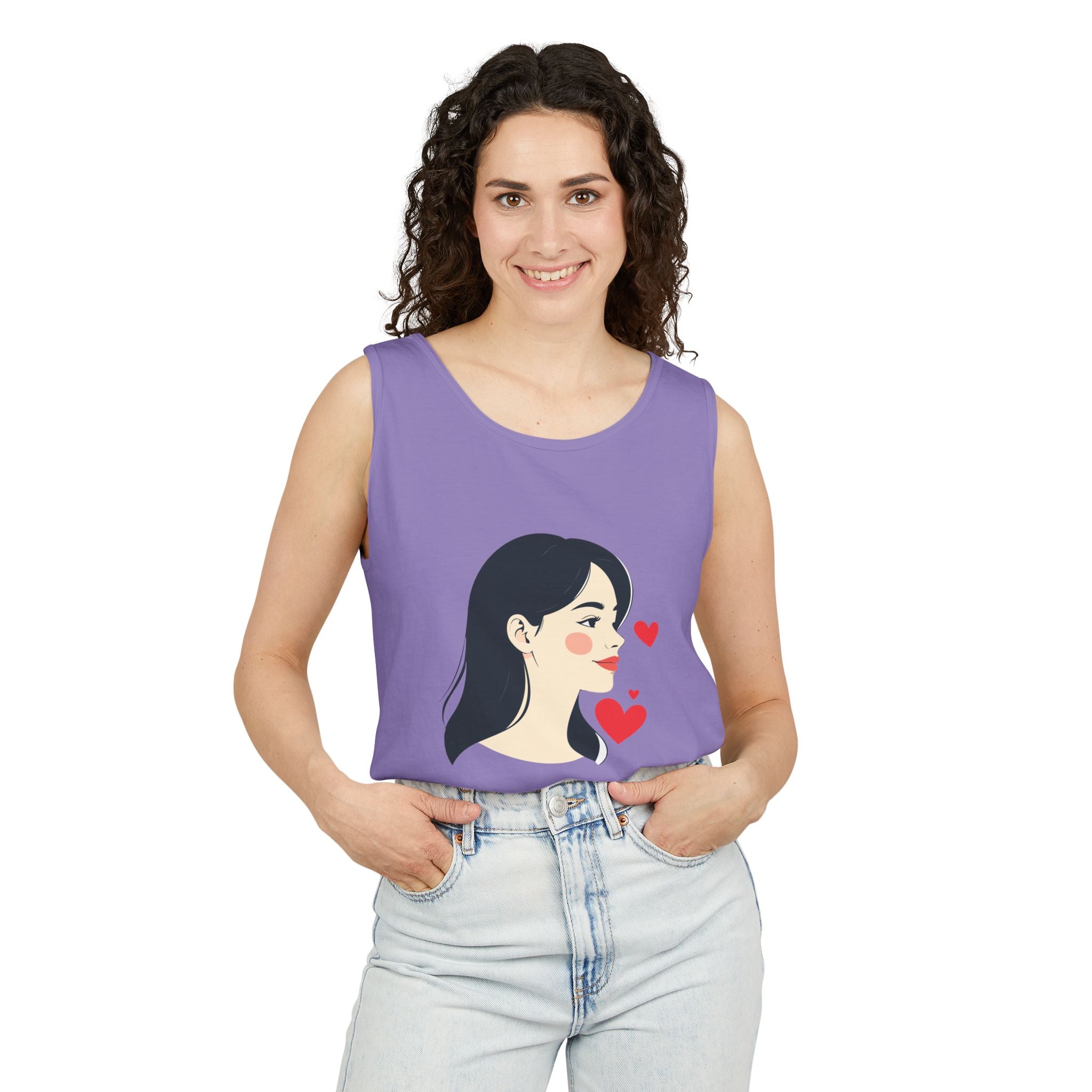 Kawaii Girl Portrait Tank Top Cute Heart Illustration Graphic Tank