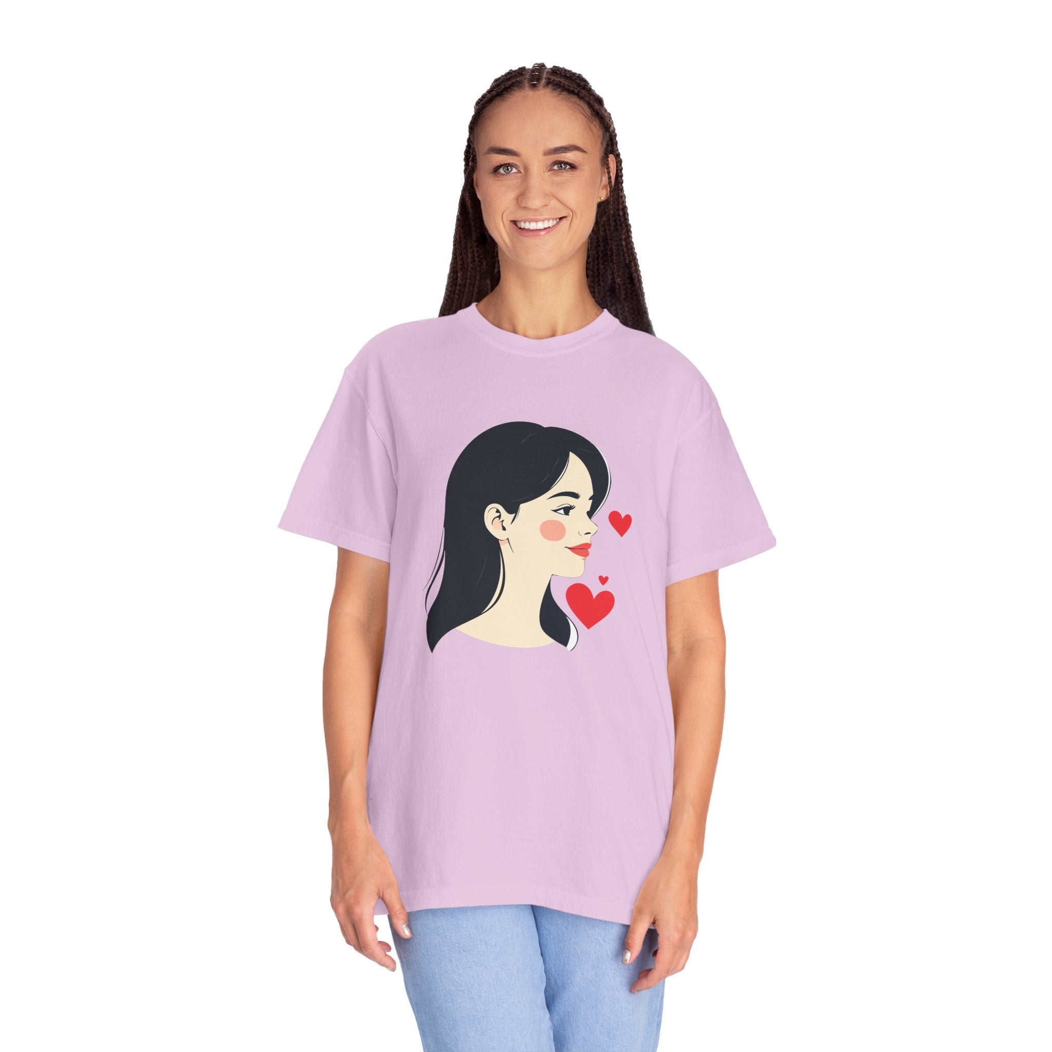 T-Shirt — Minimal Cute Girl Profile with Hearts Graphic