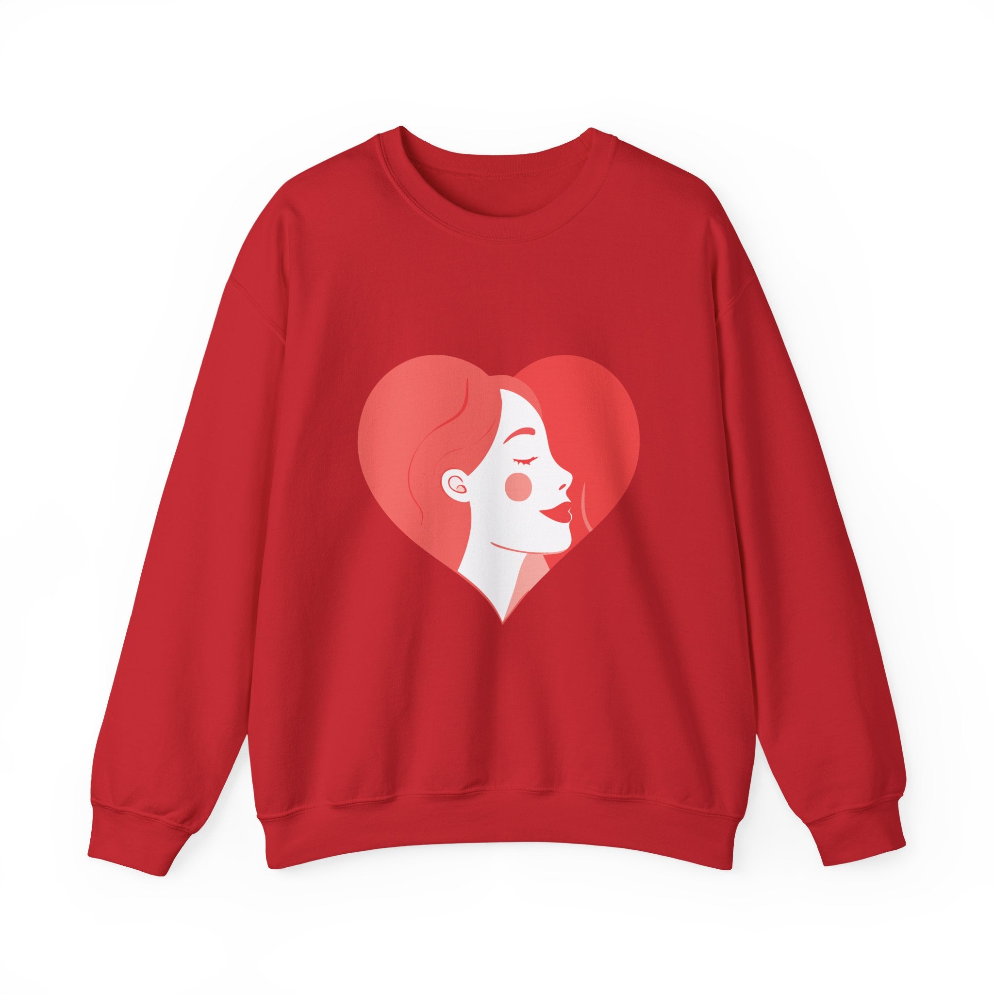 Heart Profile Crewneck Sweatshirt — Minimal Red Heart Portrait Graphic, Women face in Heart
