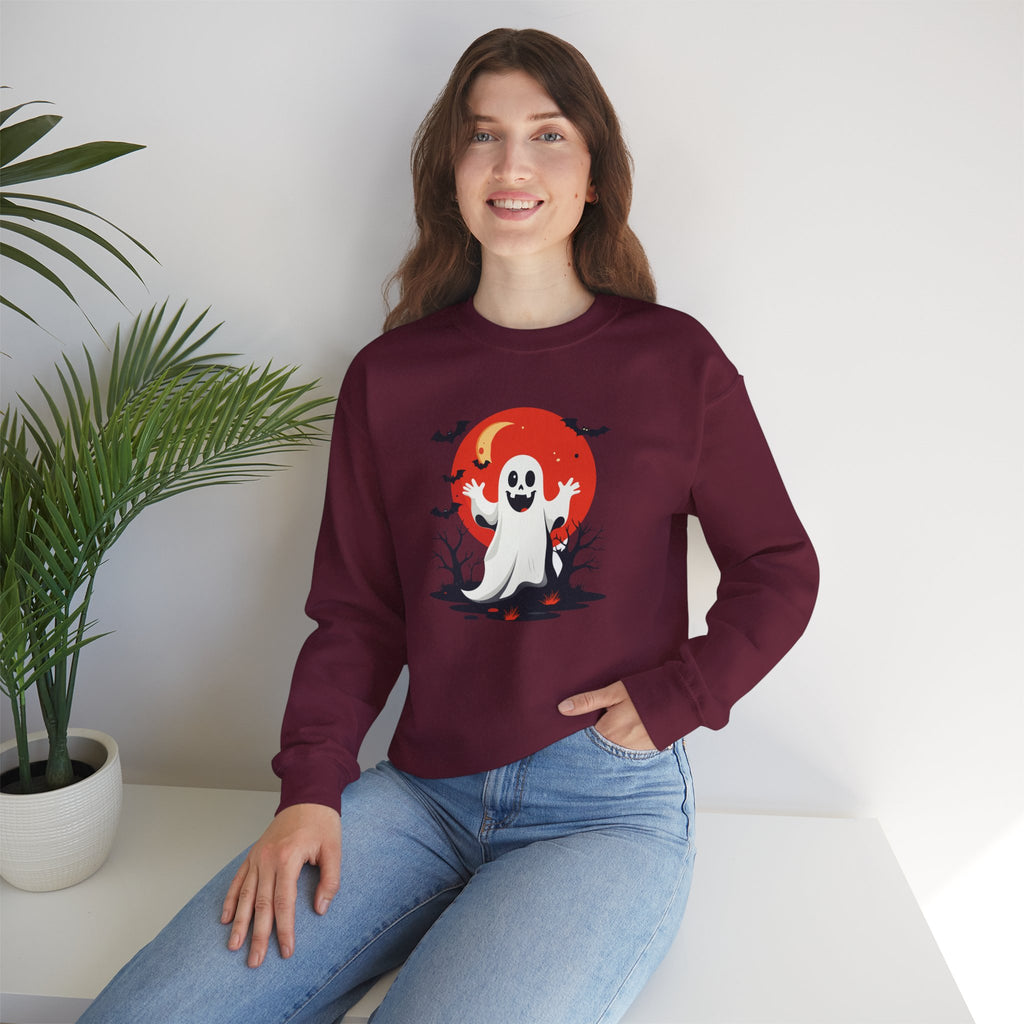 Crewneck Sweatshirt - Cute Ghost & Red Moon Halloween Design