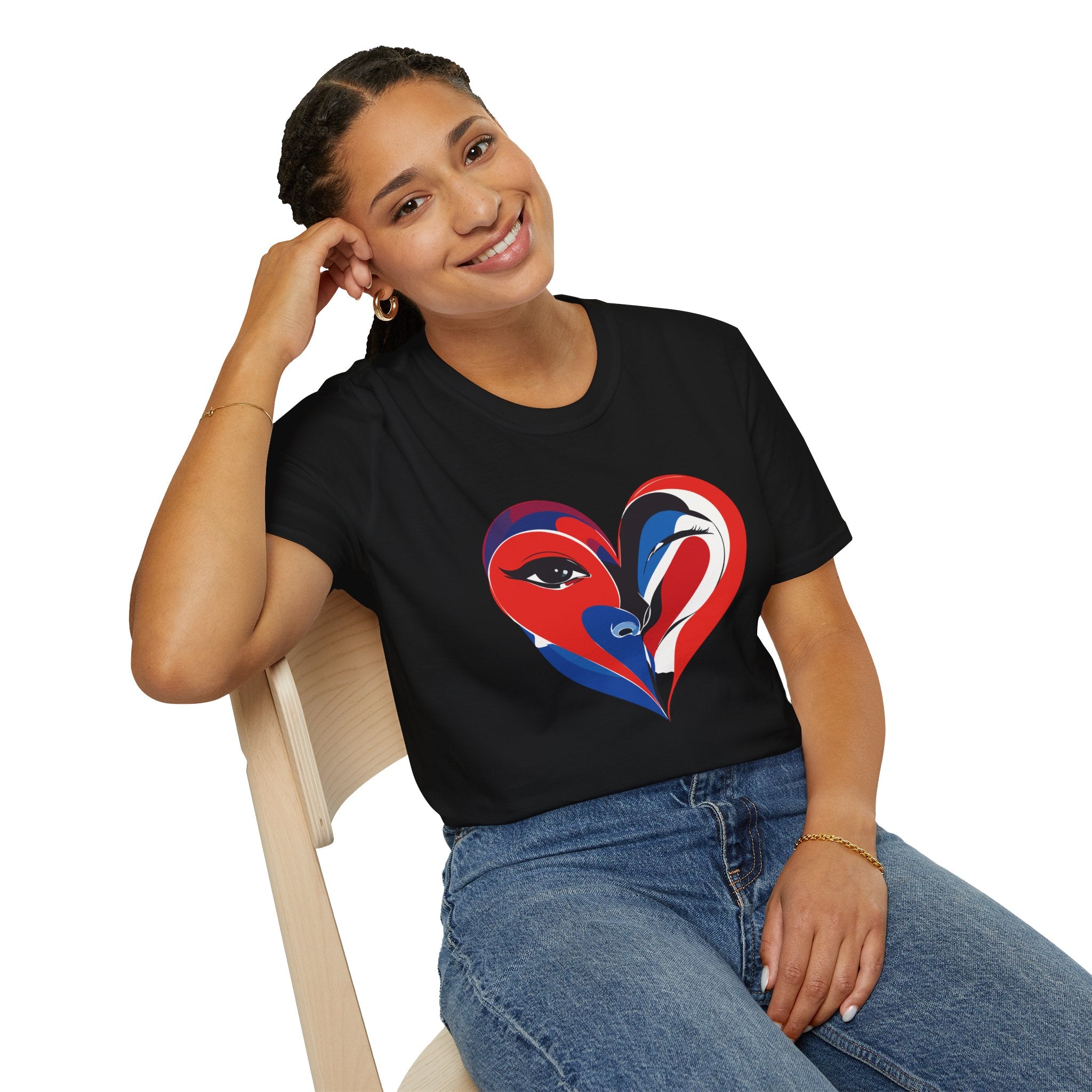 Heart Face Graphic T‑Shirt Red & Blue Abstract Love Design