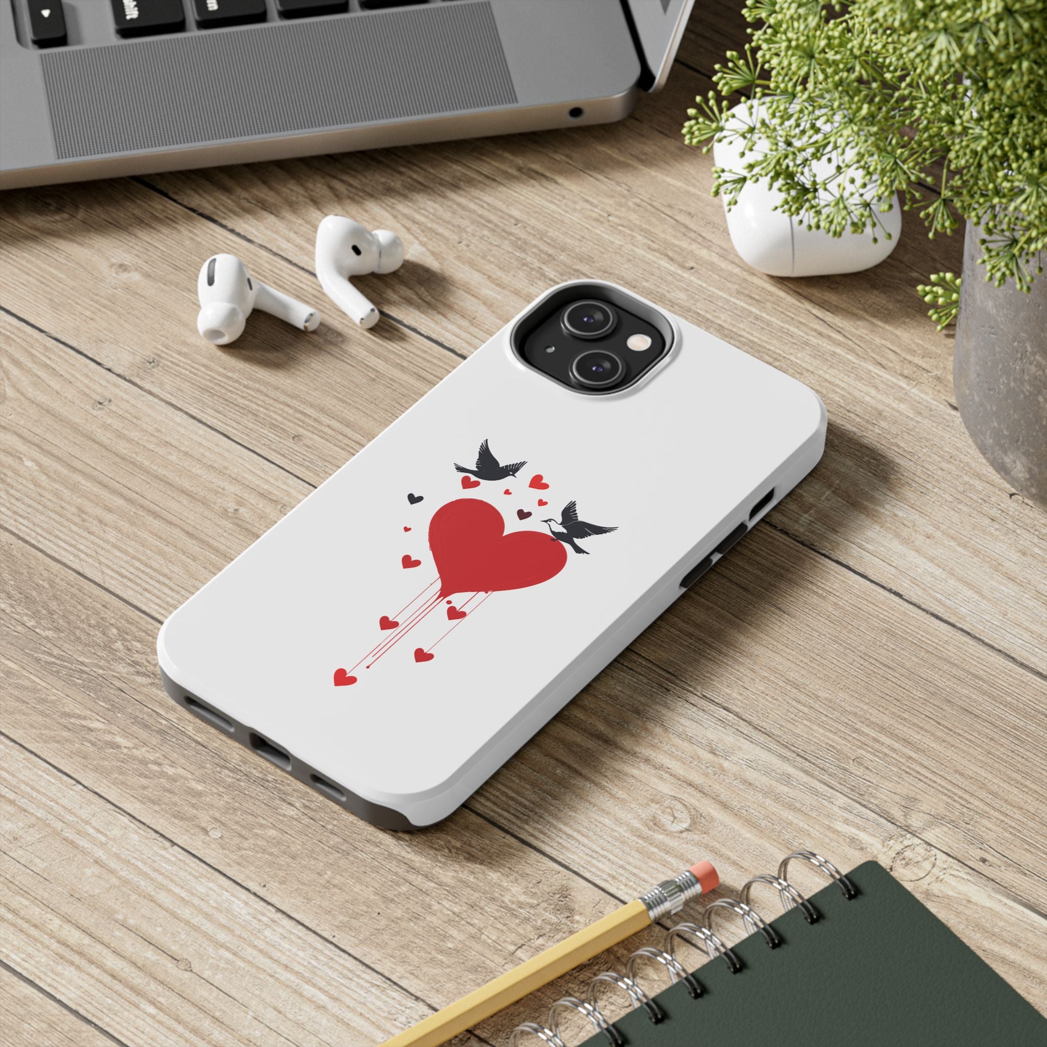 Tough Phone Case Red Dripping Heart with Doves Valentine's Protection