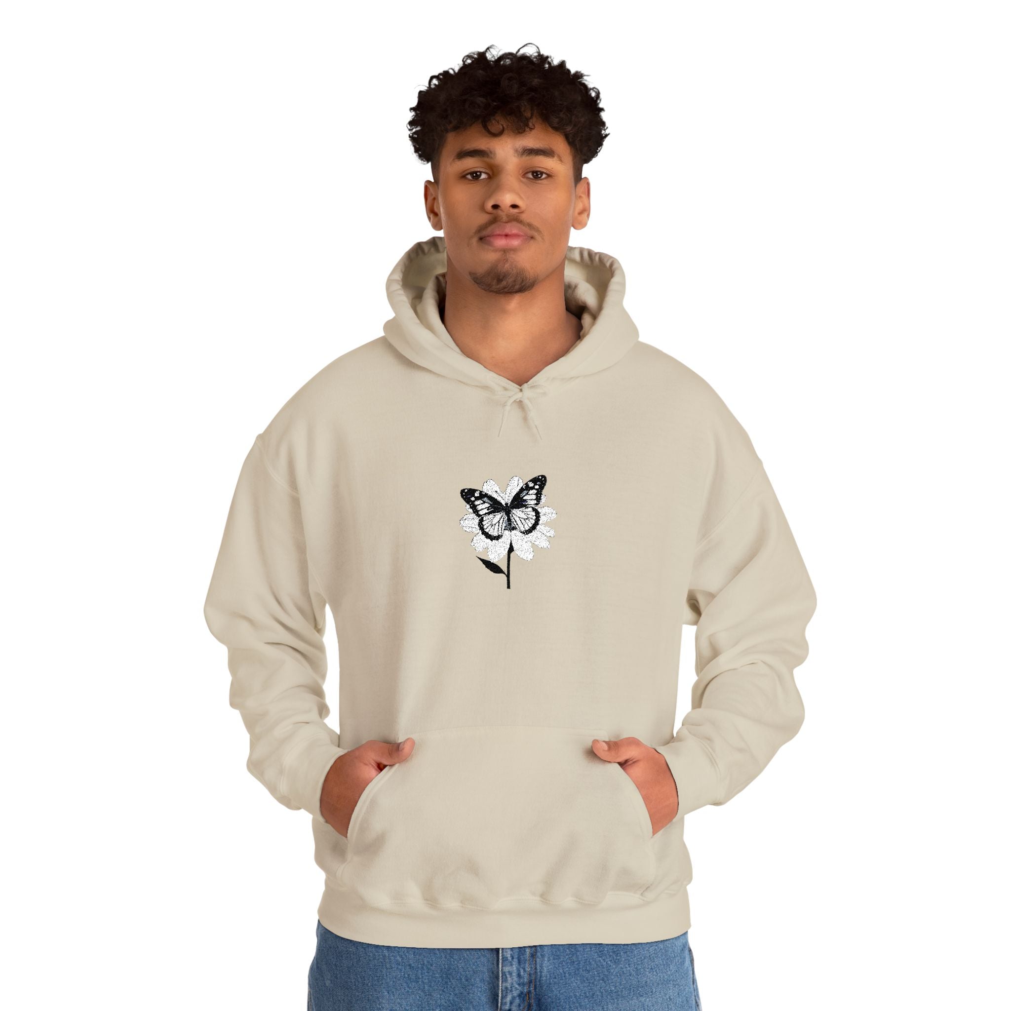 Embroidered Floral Butterfly Hoodie Monochrome Rose & Butterfly Graphic Sweatshirt
