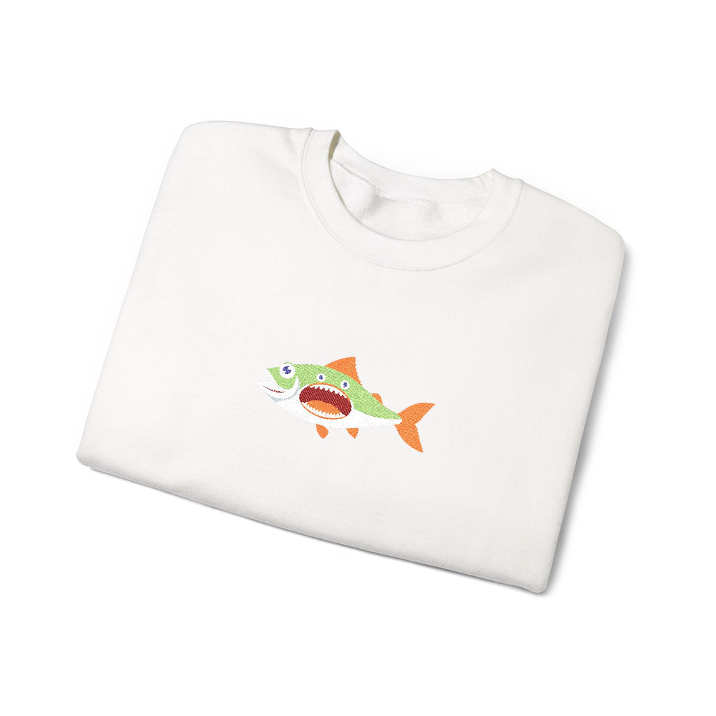 White sweatshirt with a colorful fish design on a white background