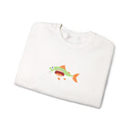 White sweatshirt with a colorful fish design on a white background