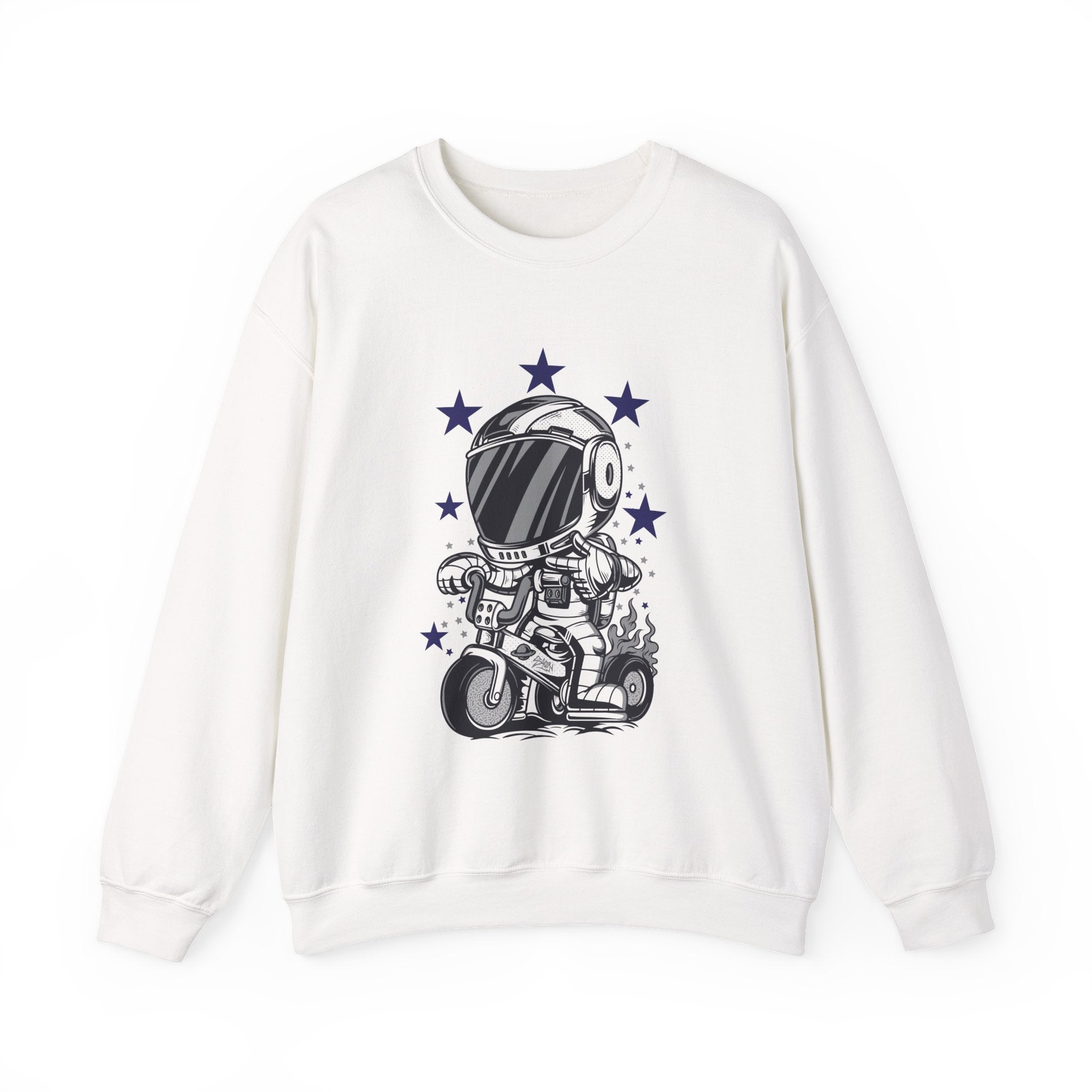 Astronaut Riding Scooter Crewneck Sweatshirt Retro Space Biker Graphic