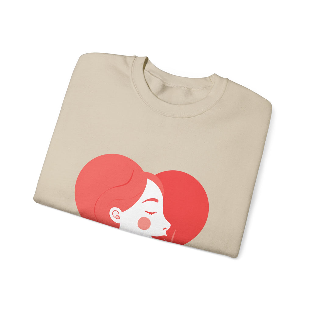 Heart Profile Crewneck Sweatshirt — Minimal Red Heart Portrait Graphic, Women face in Heart