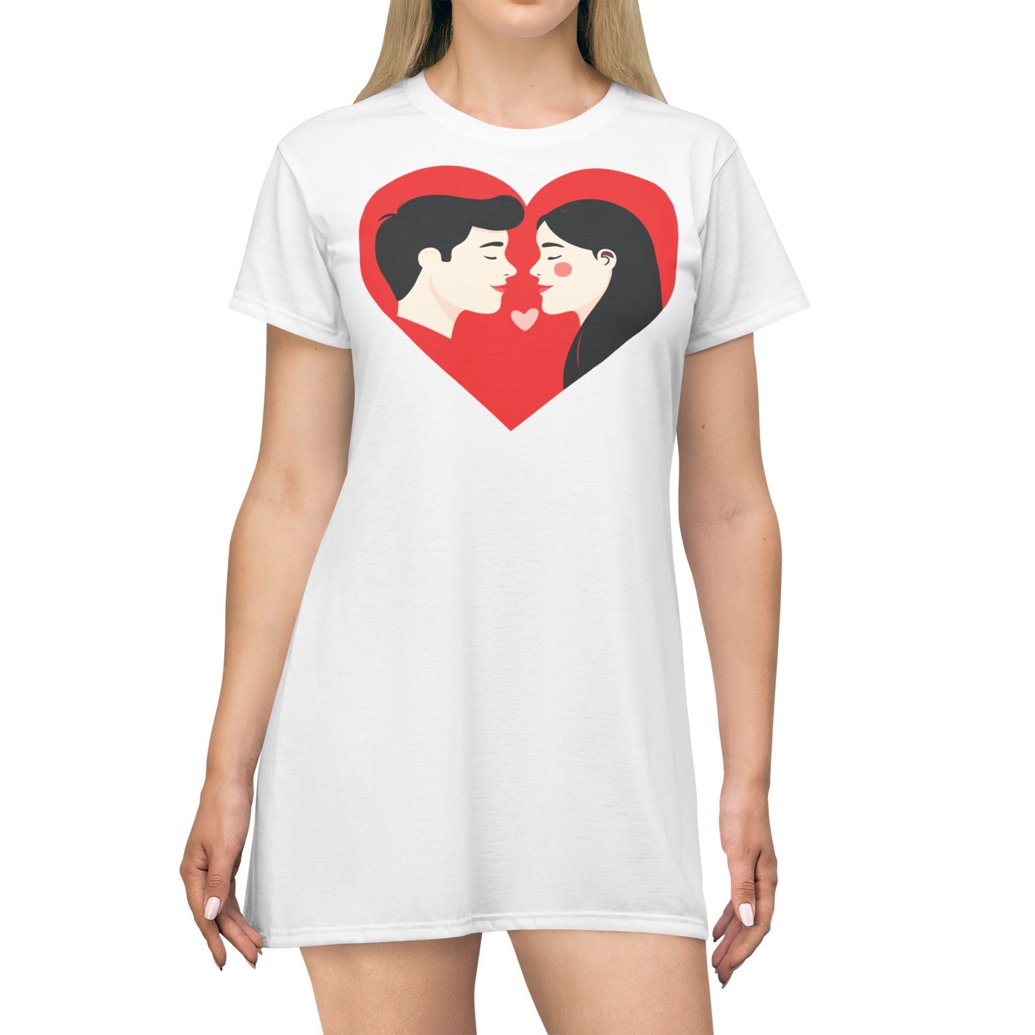 Romantic Heart Couple T‑Shirt Dress — Cute Kiss Graphic for Valentine’s Day