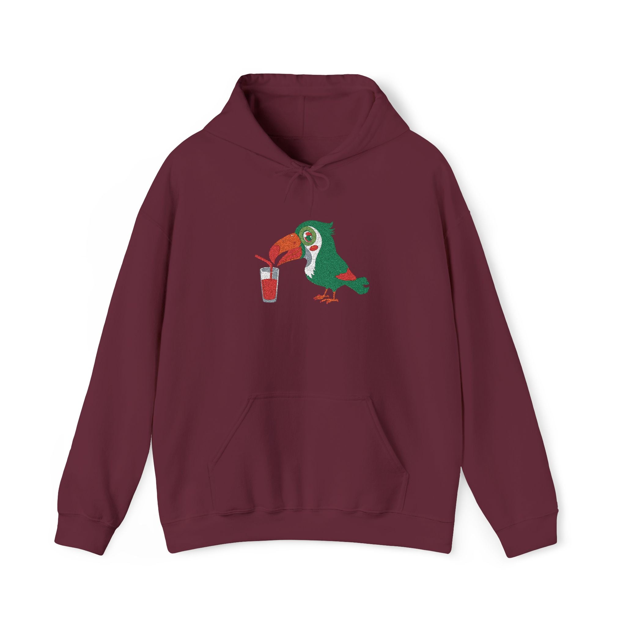 Maroon hoodie with a colorful parrot design on a white background