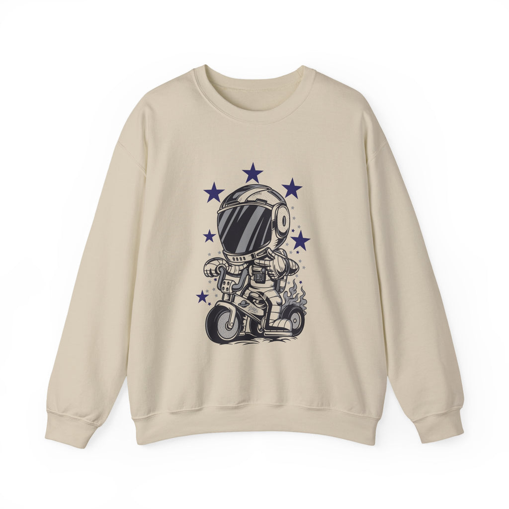 Astronaut Riding Scooter Crewneck Sweatshirt Retro Space Biker Graphic
