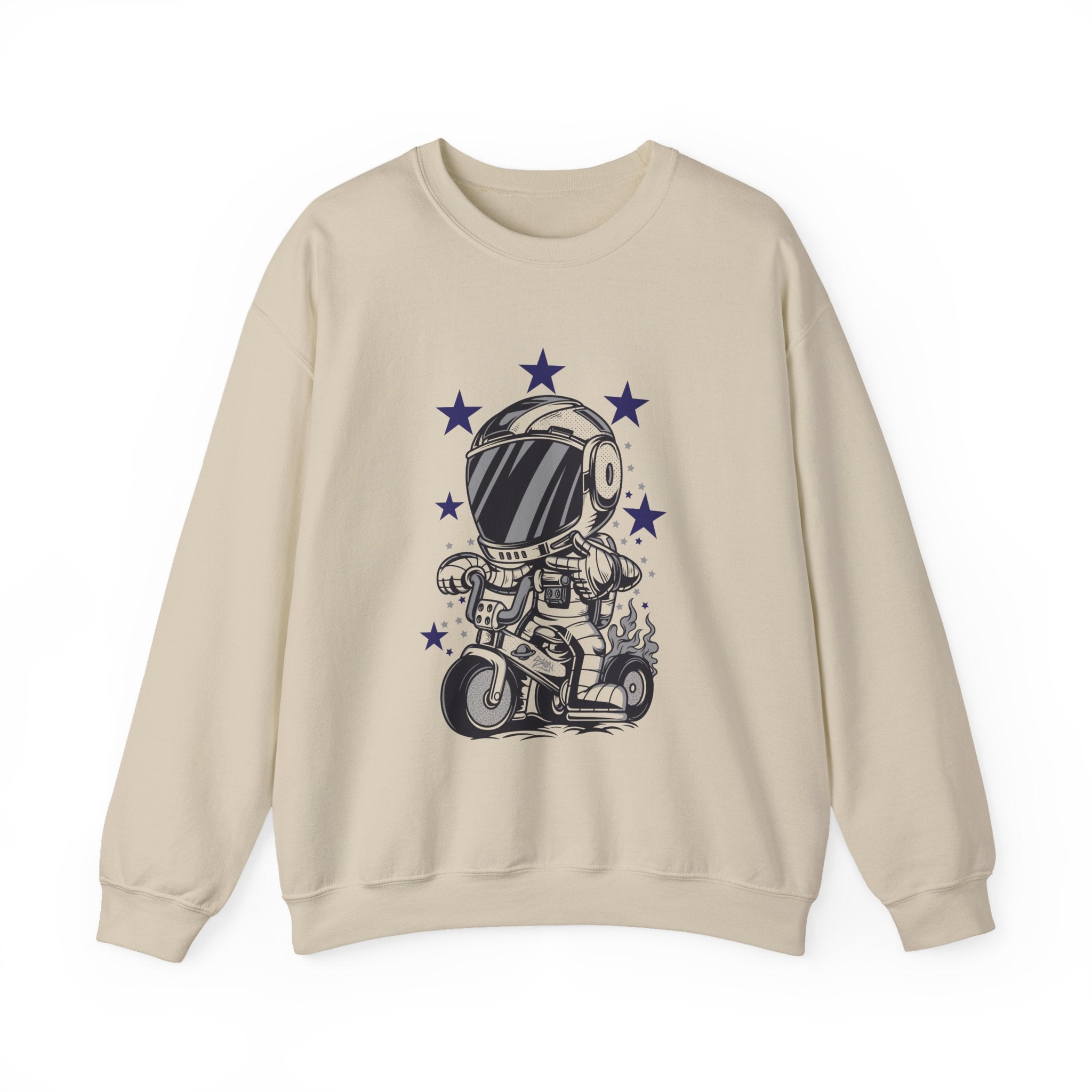 Astronaut Riding Scooter Crewneck Sweatshirt Retro Space Biker Graphic