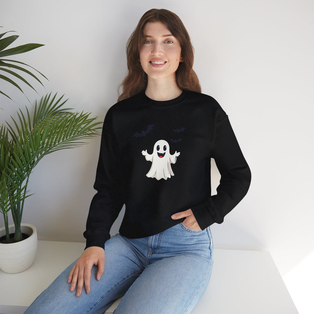 Halloween Ghost Crewneck Sweatshirt Cute Boo Ghost & Bats Cozy Pullover