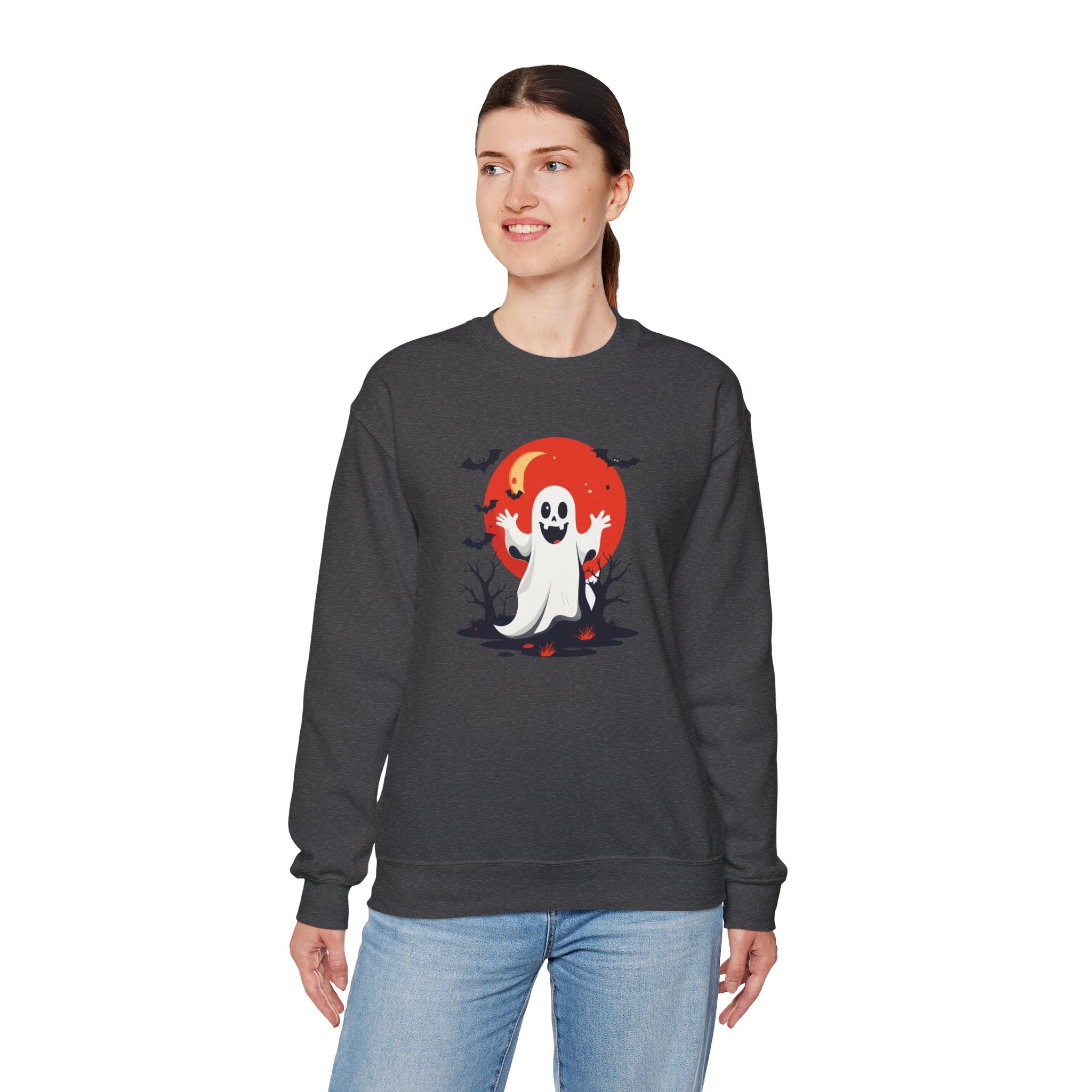 Crewneck Sweatshirt - Cute Ghost & Red Moon Halloween Design