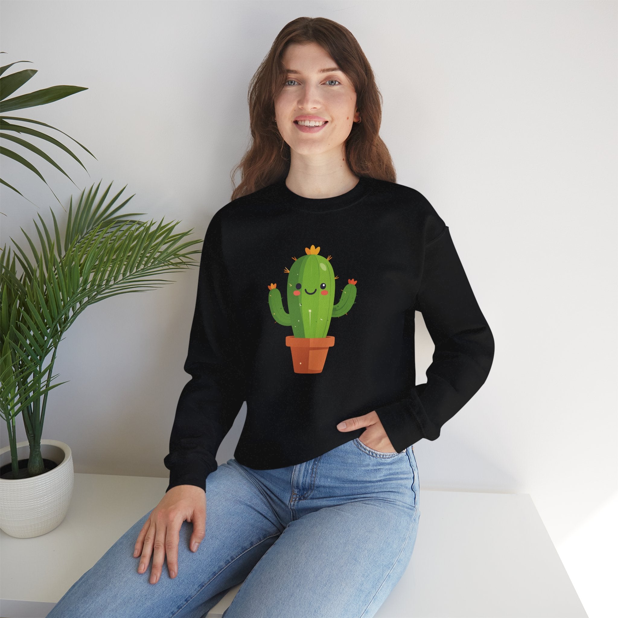 Cute Kawaii Cactus Crewneck Sweatshirt Smiling Potted Cactus Graphic