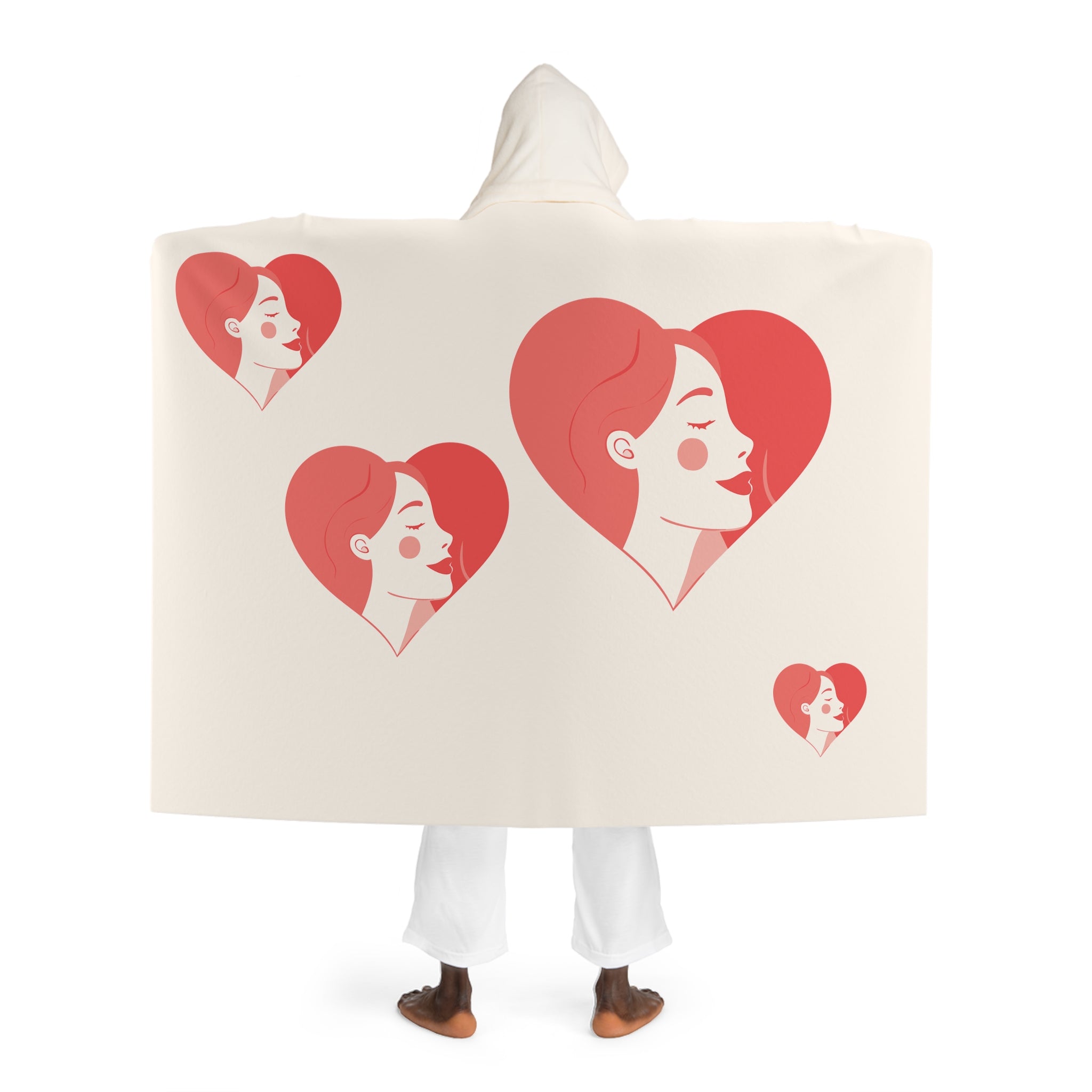 Hooded Sherpa Blanket – Cozy Cream Fleece with Red Heart Fox Design