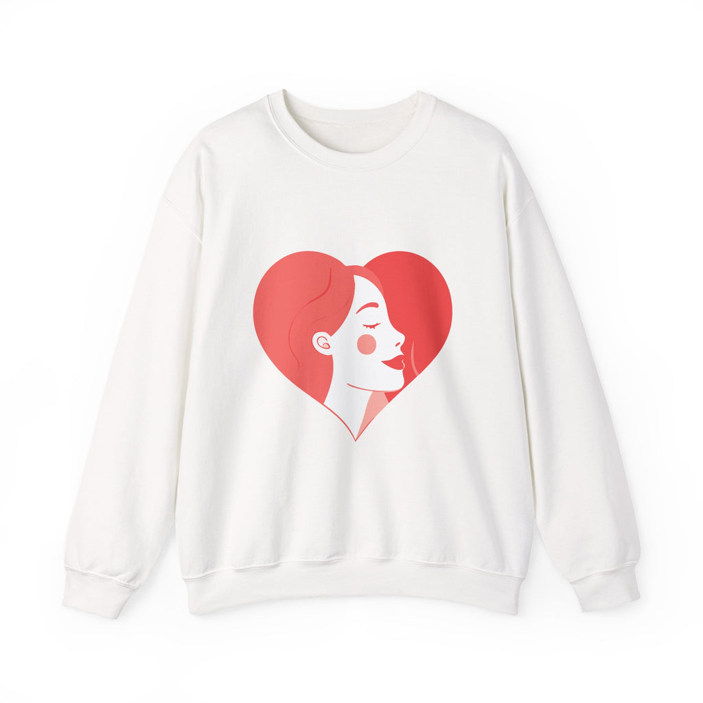 Heart Profile Crewneck Sweatshirt — Minimal Red Heart Portrait Graphic, Women face in Heart