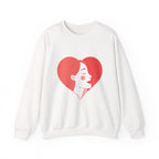 Heart Profile Crewneck Sweatshirt — Minimal Red Heart Portrait Graphic, Women face in Heart