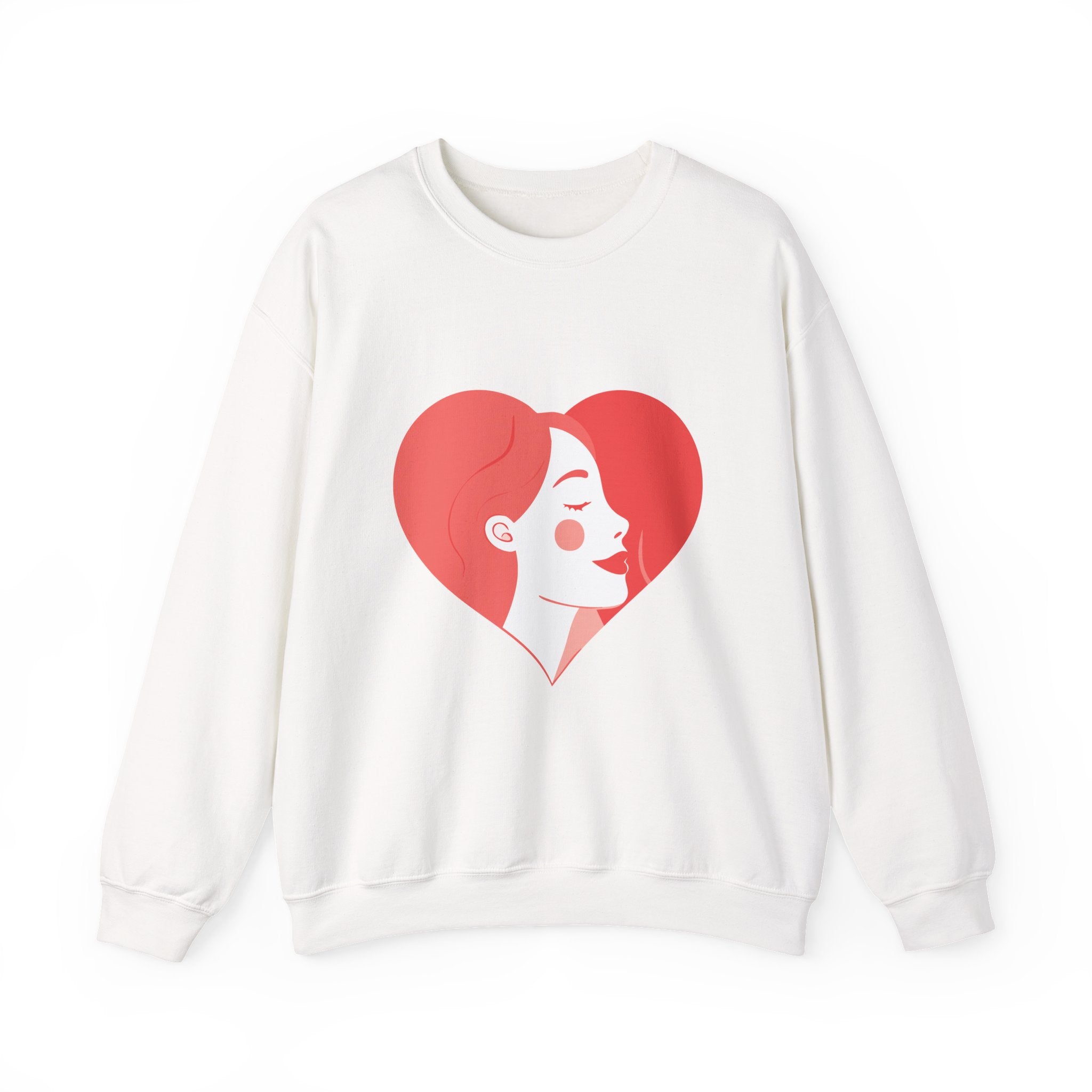 Heart Profile Crewneck Sweatshirt — Minimal Red Heart Portrait Graphic, Women face in Heart