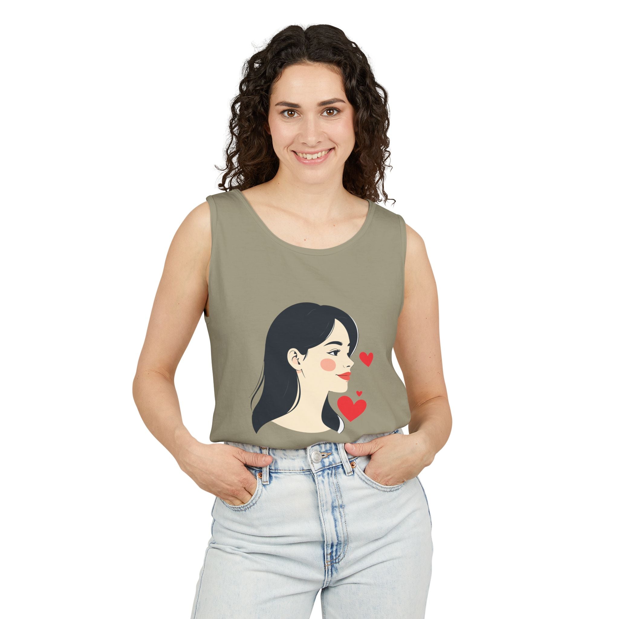 Kawaii Girl Portrait Tank Top Cute Heart Illustration Graphic Tank